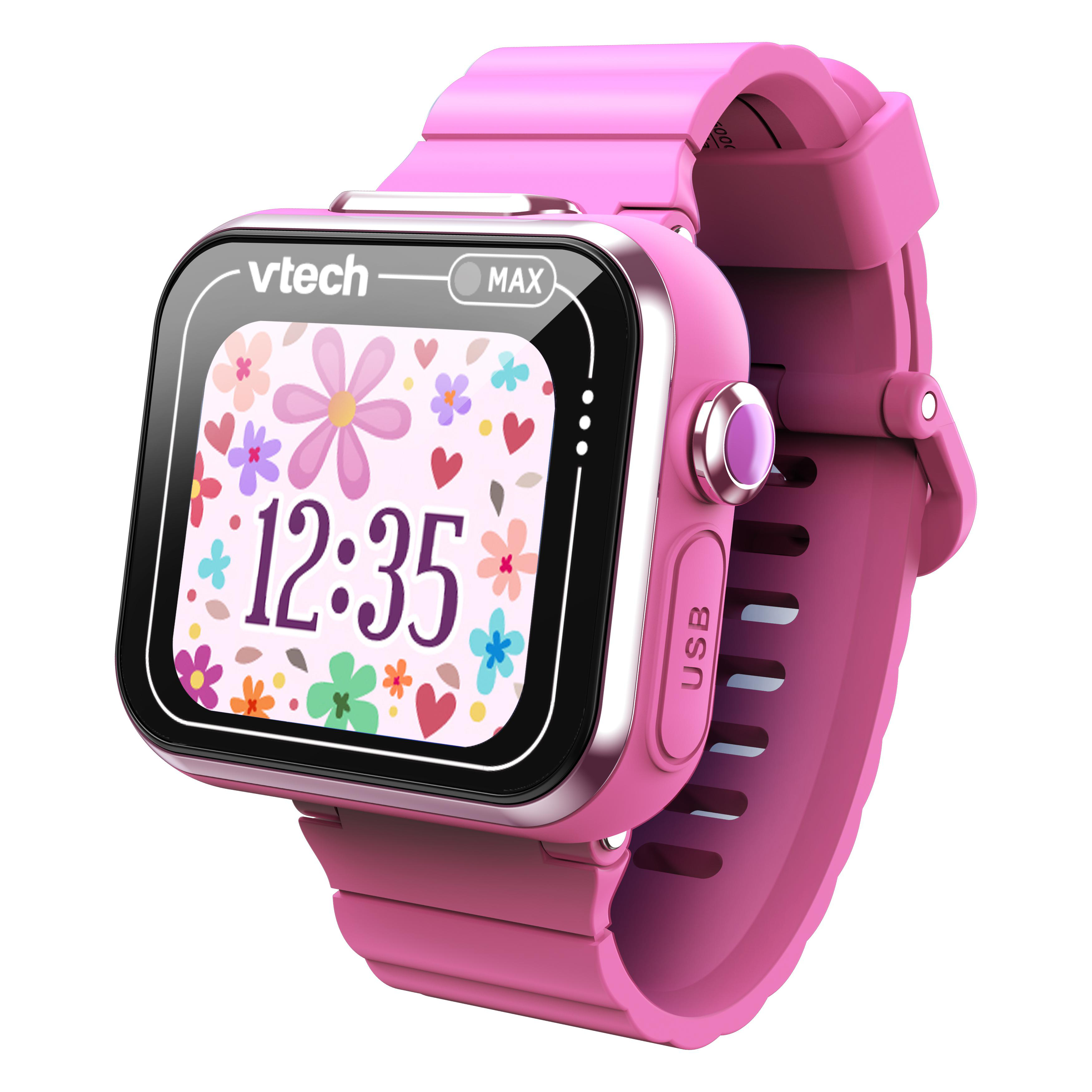 Eine pinke VTech Kinder-Smartwatch mit der Anzeige 12:35 und einem blumigen Hintergrund.