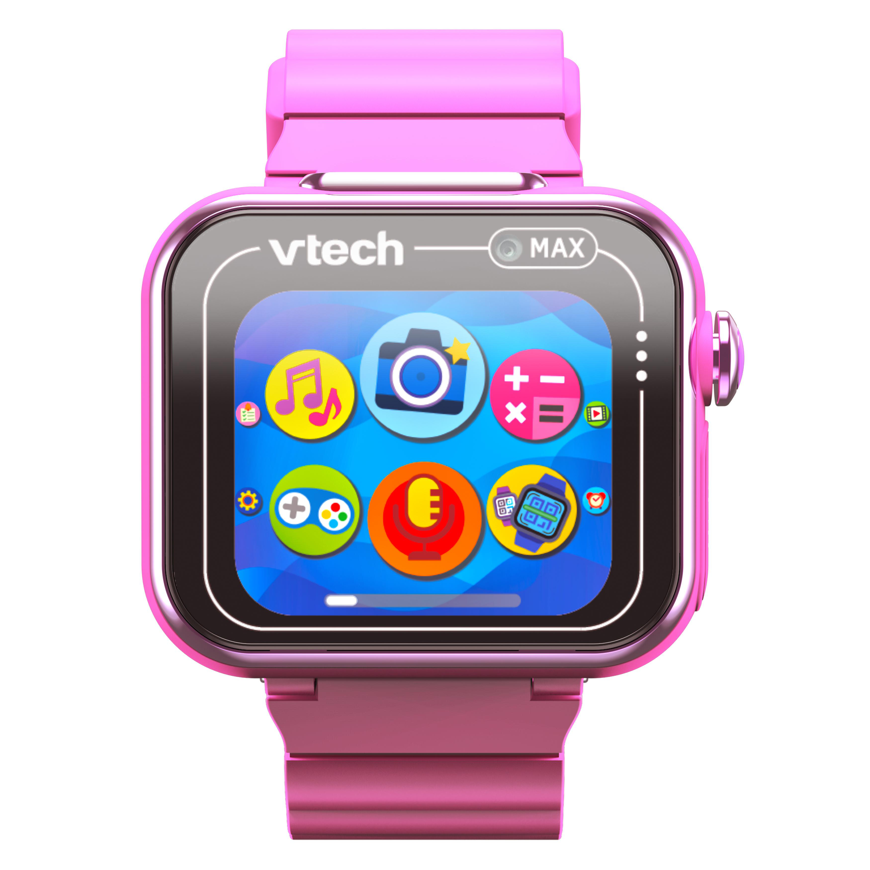 Pinke VTech Smartwatch. Der Bildschirm zeigt App-Symbole für Musik, Kamera, Spiele und mehr.
