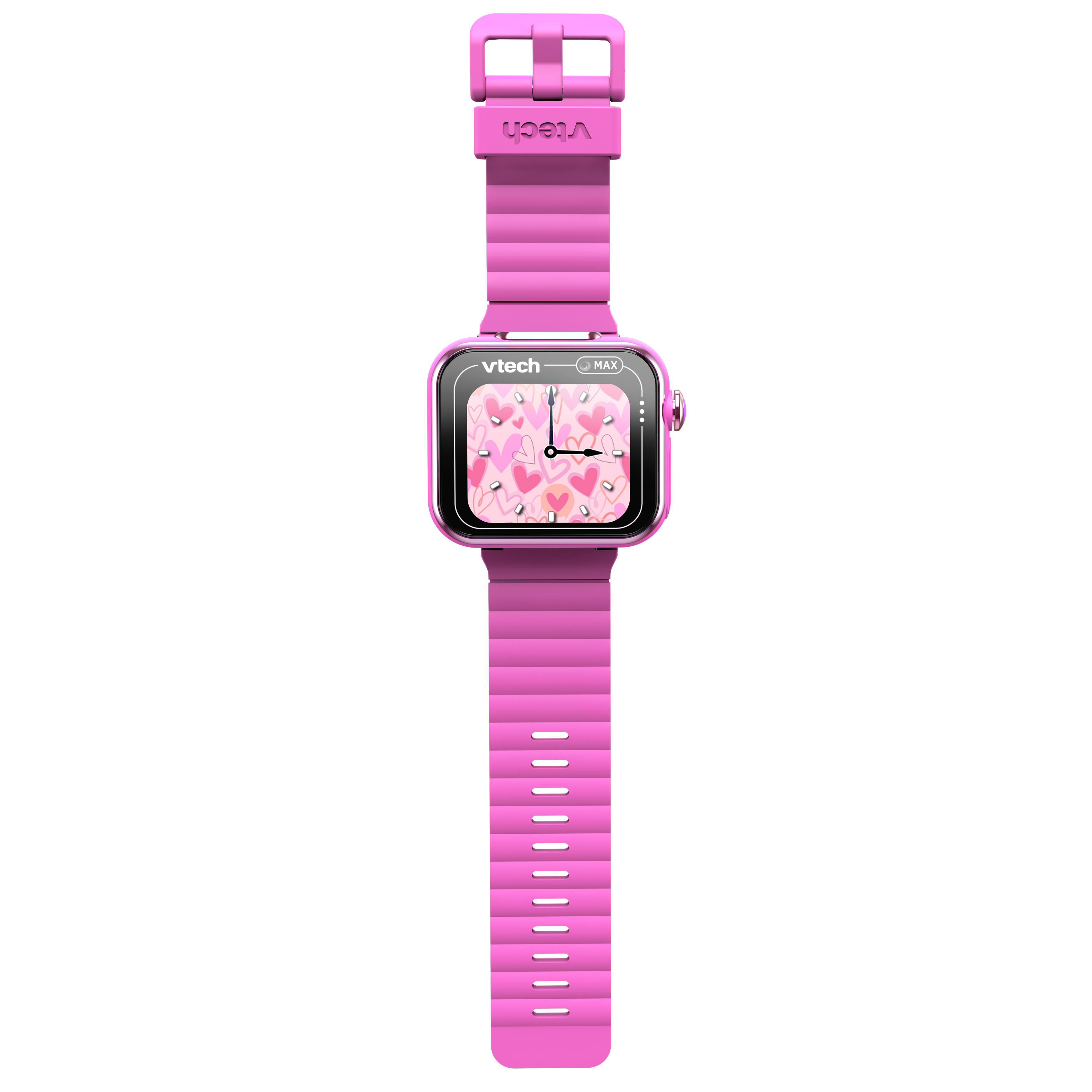 Rosa VTech Smartwatch mit rosa Armband, zeigt ein Herz-Themen-Display.