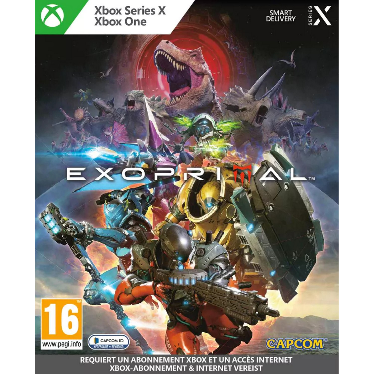 Exoprimal game box art. Dinosauriërs en gepantserde figuren in actie.