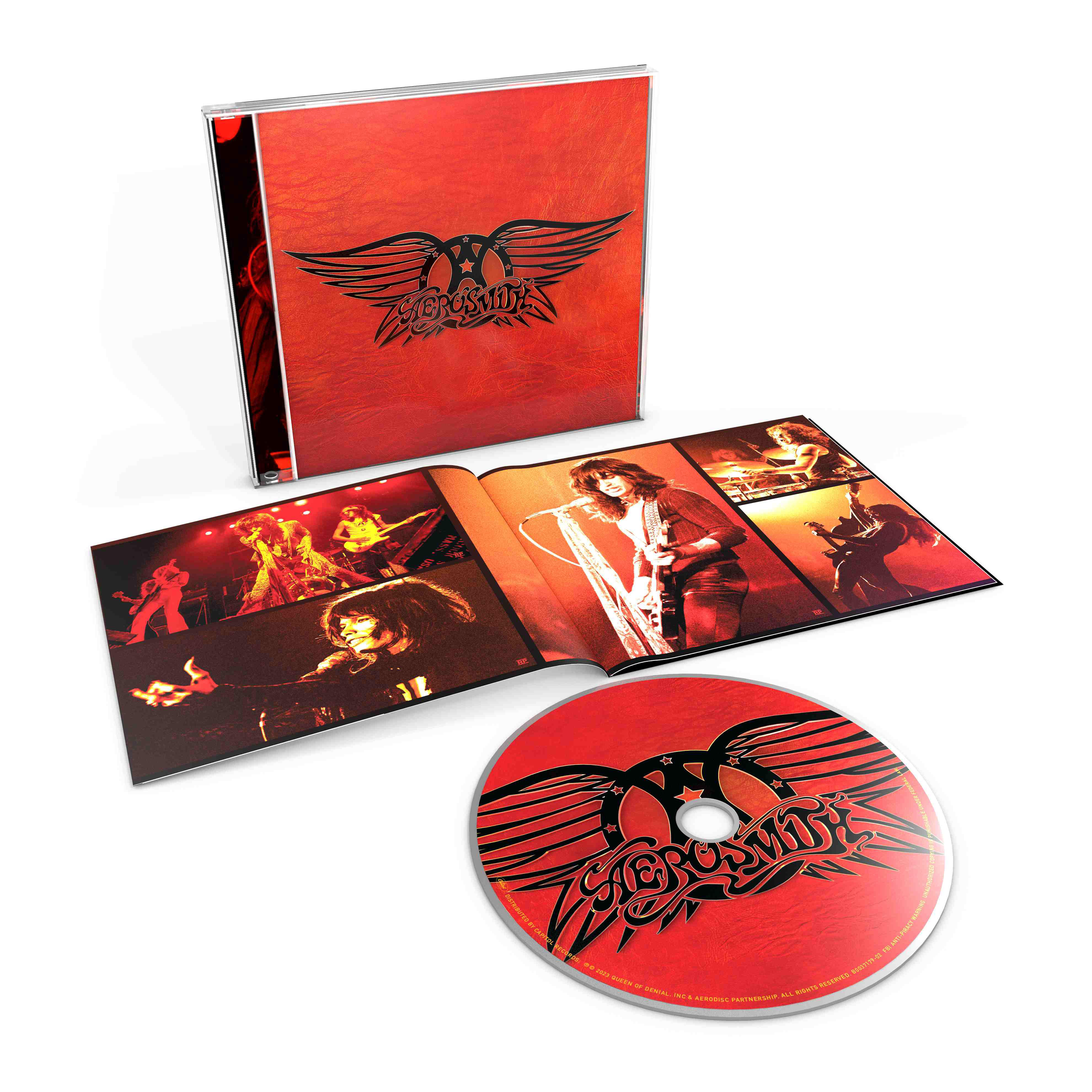 Aerosmith CD-Set mit rotem, lederähnlichem Case, Fotos der Band und roter CD-Disc.