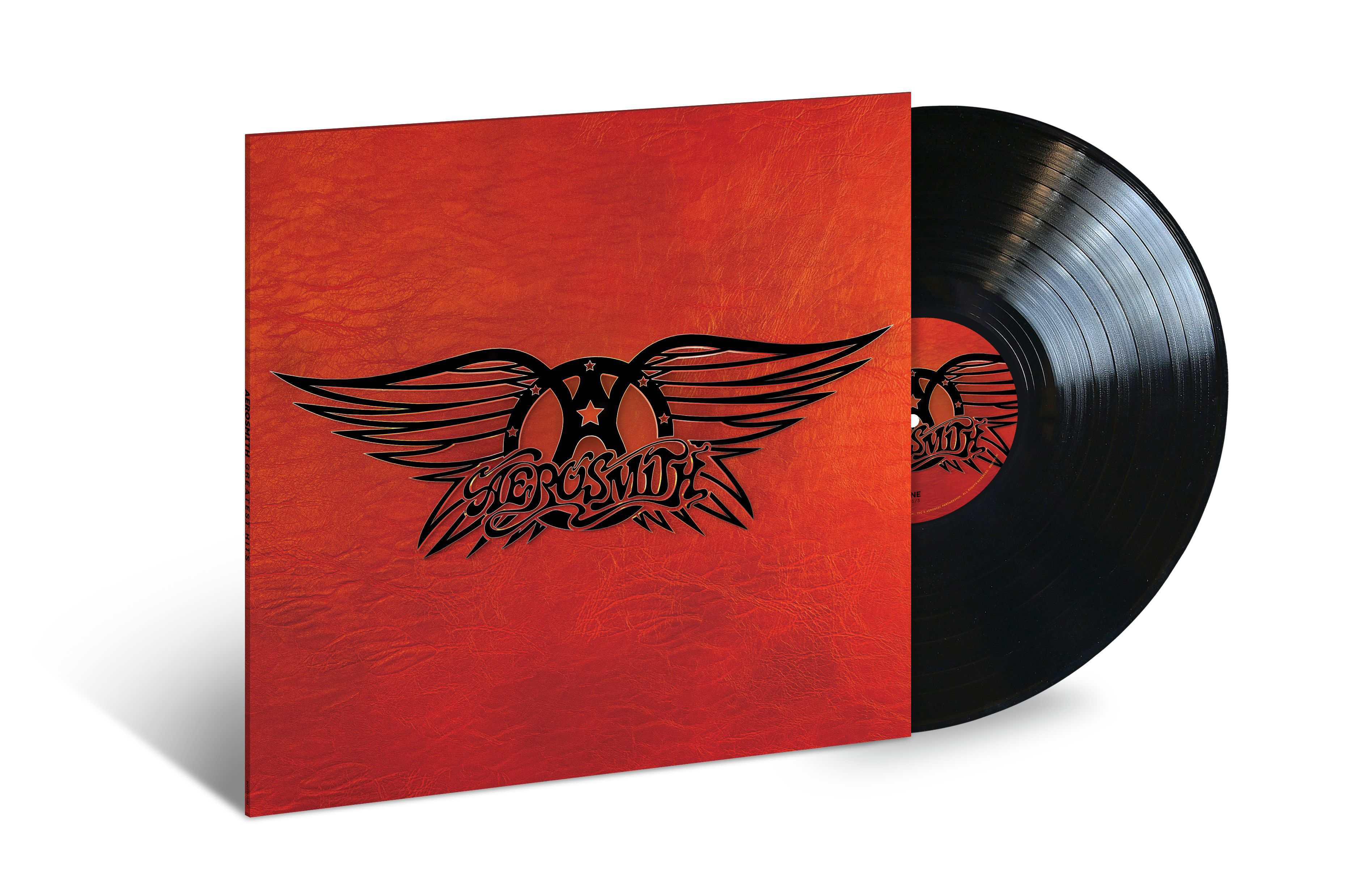 Aerosmith-Albumcover; roter Hintergrund, schwarzes Bandlogo und eine Vinyl-Schallplatte.