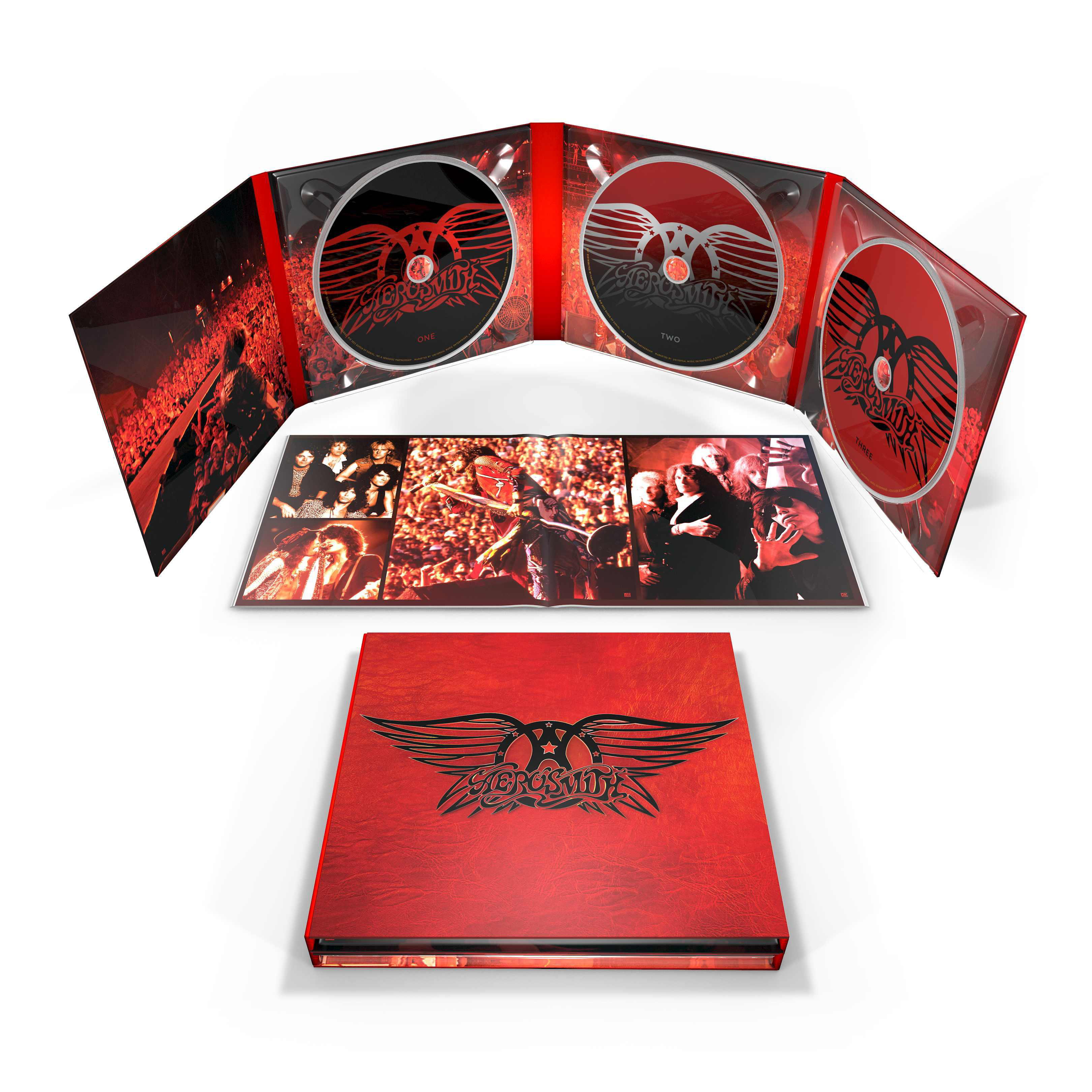 Geöffnetes Aerosmith-CD-Set, zeigt die CDs und Bandbilder.