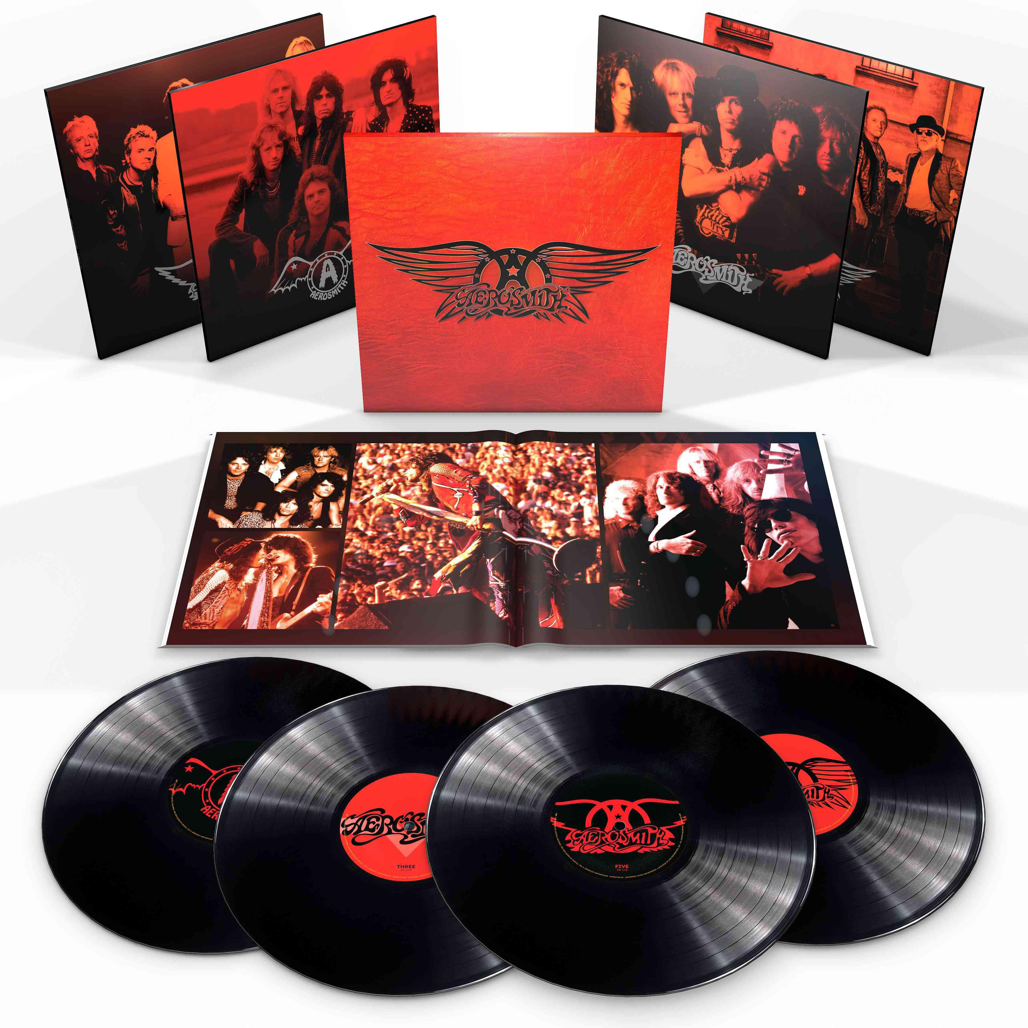 Box-Set. Aerosmith-Albumcover und Schallplatten in einer roten Box mit schwarzem Logo. Weißer Hintergrund.