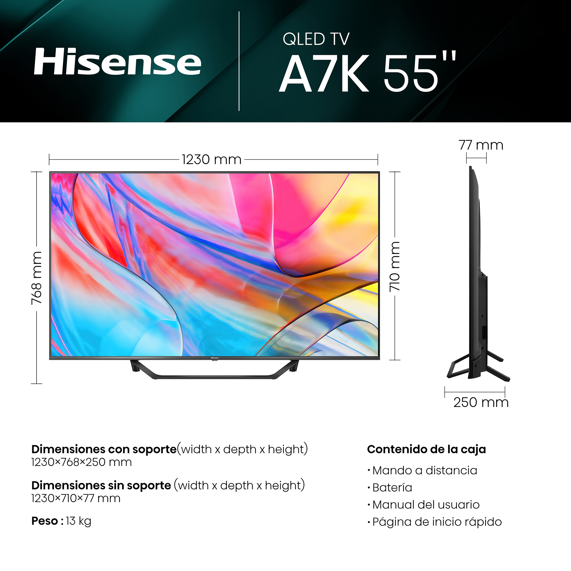 TV Hisense. Se muestran dimensiones y especificaciones. La vista lateral muestra el grosor.