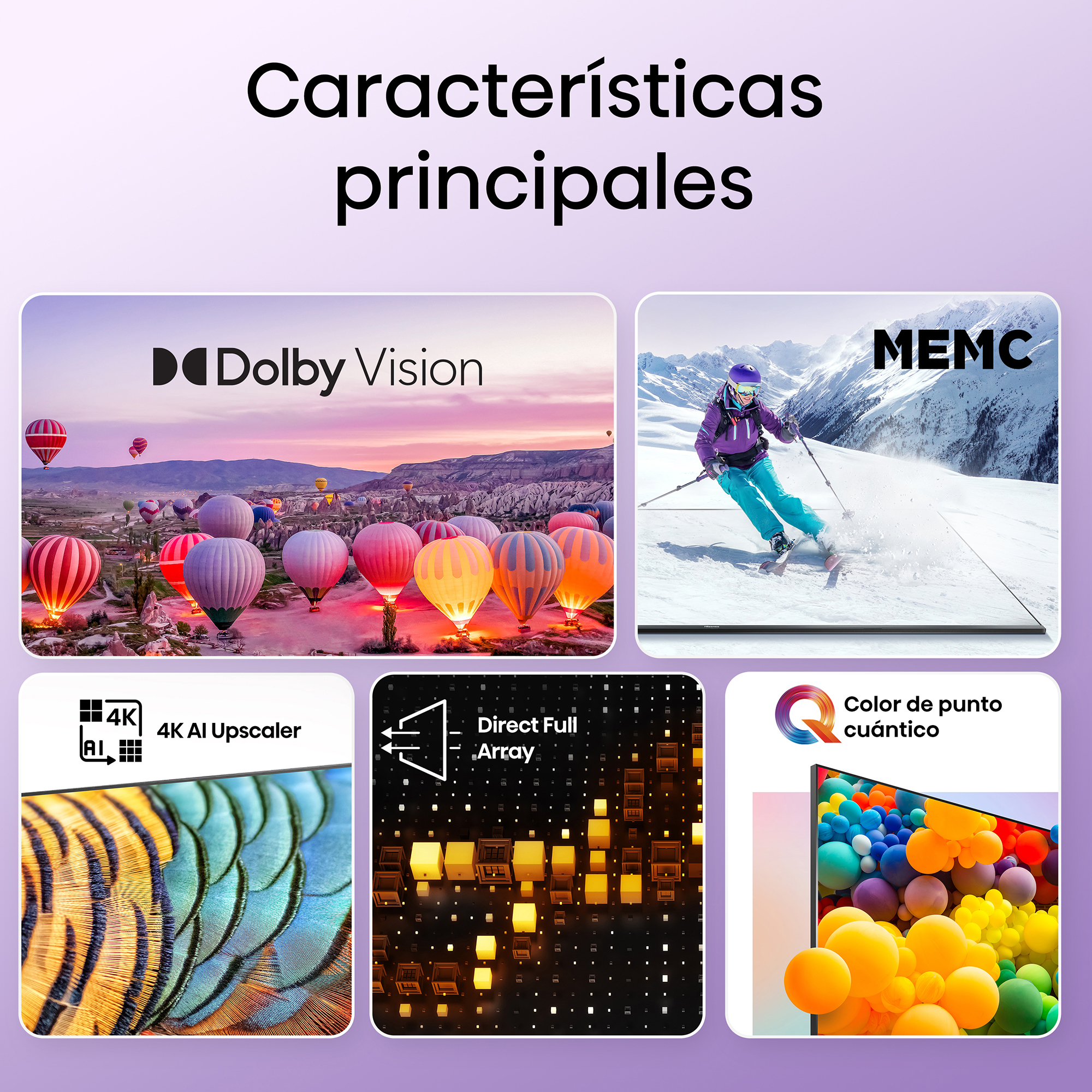 Imagen con funciones de TV: Dolby Vision, MEMC, 4K AI Upscaler, Direct Full Array y Quantum Dot Color.