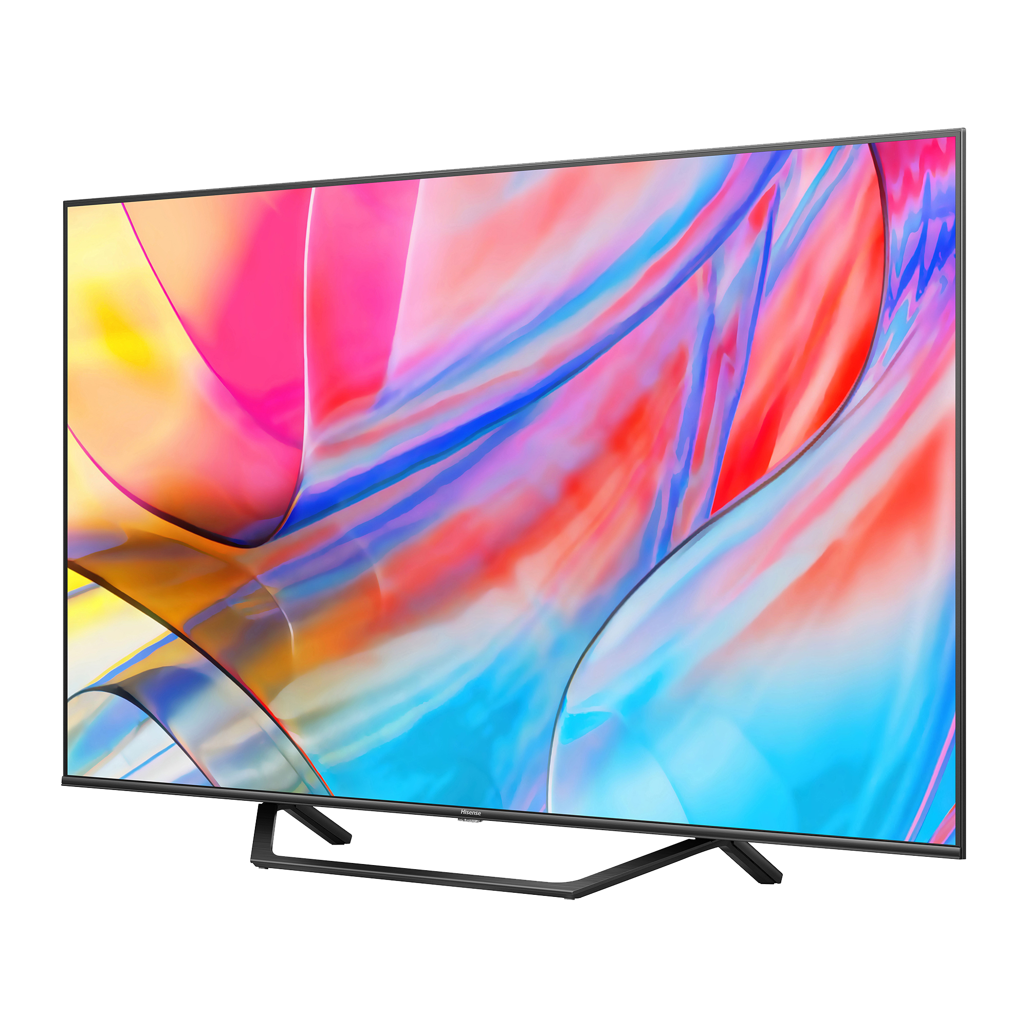 Un televisor moderno y grande con una pantalla abstracta colorida, sobre un fondo negro.