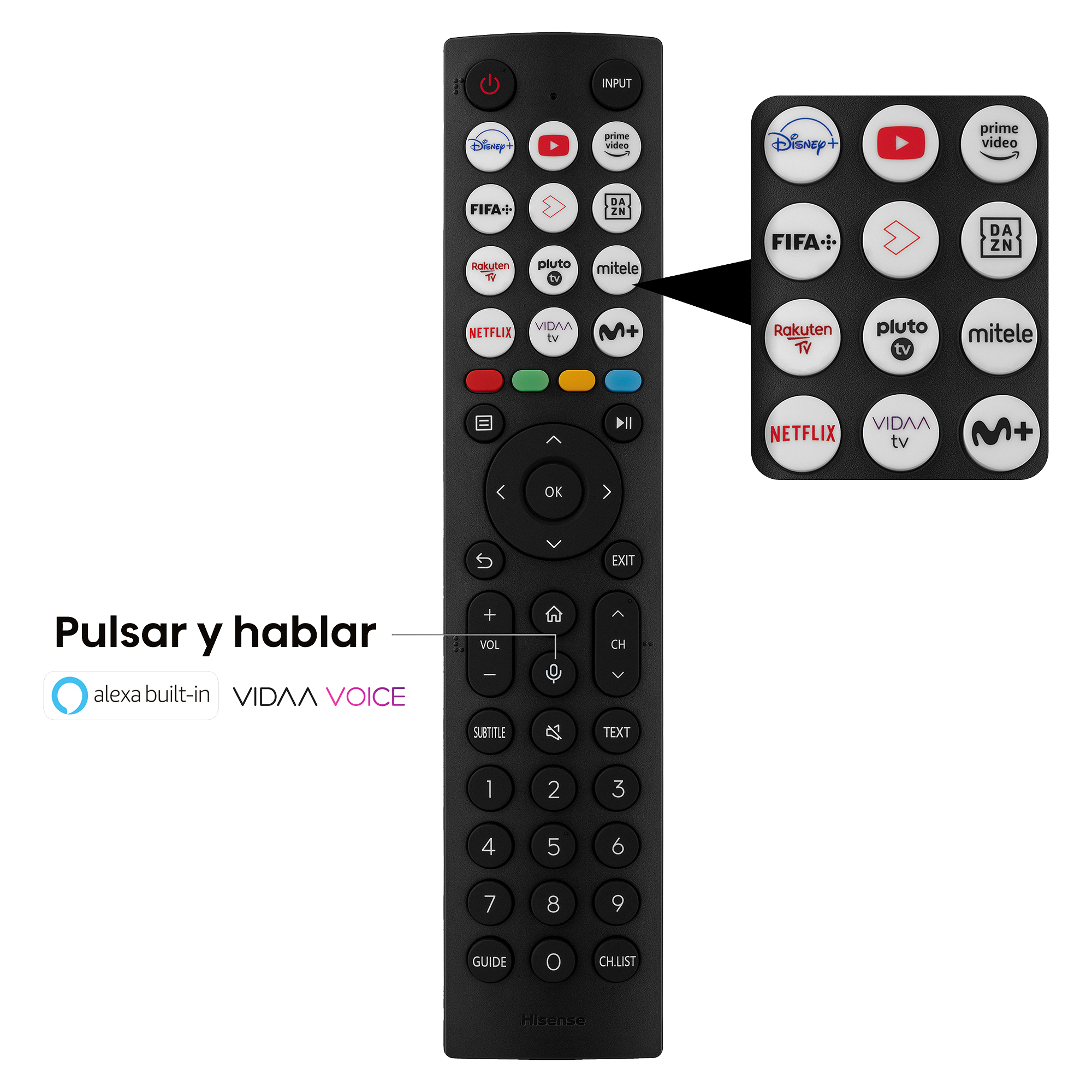 Mando a distancia de TV con varios botones. Algunos botones son para apps de streaming como Netflix y Disney+.