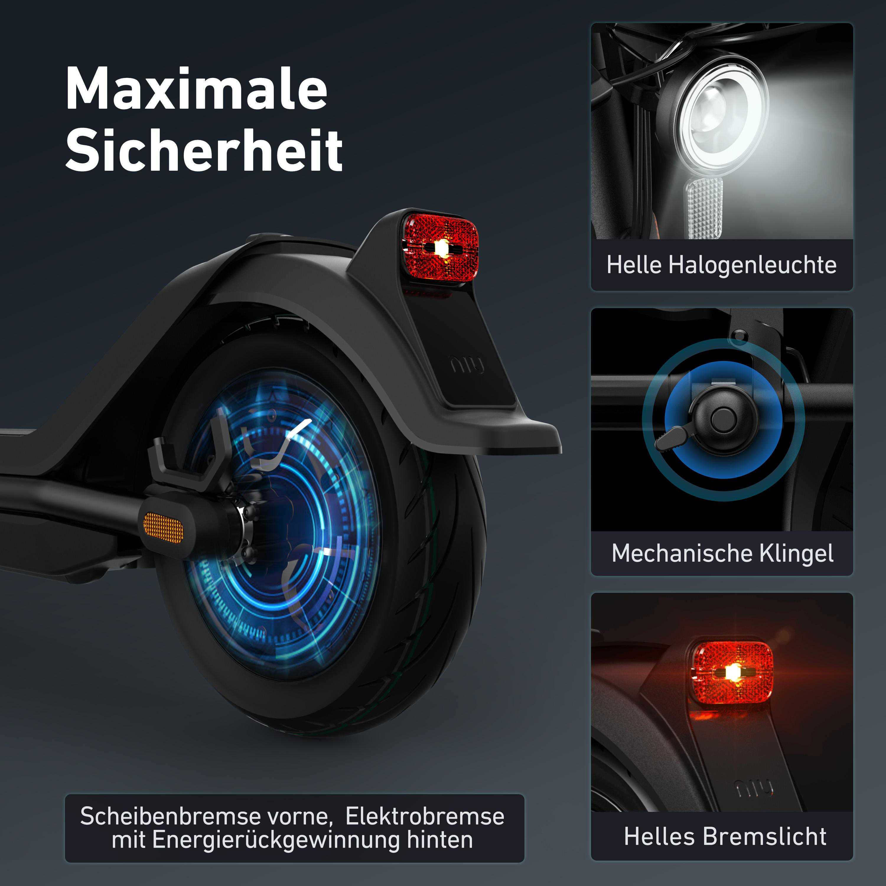 Ein schwarzer Roller mit Sicherheitsmerkmalen: Scheinwerfer, Klingel und Bremslicht.