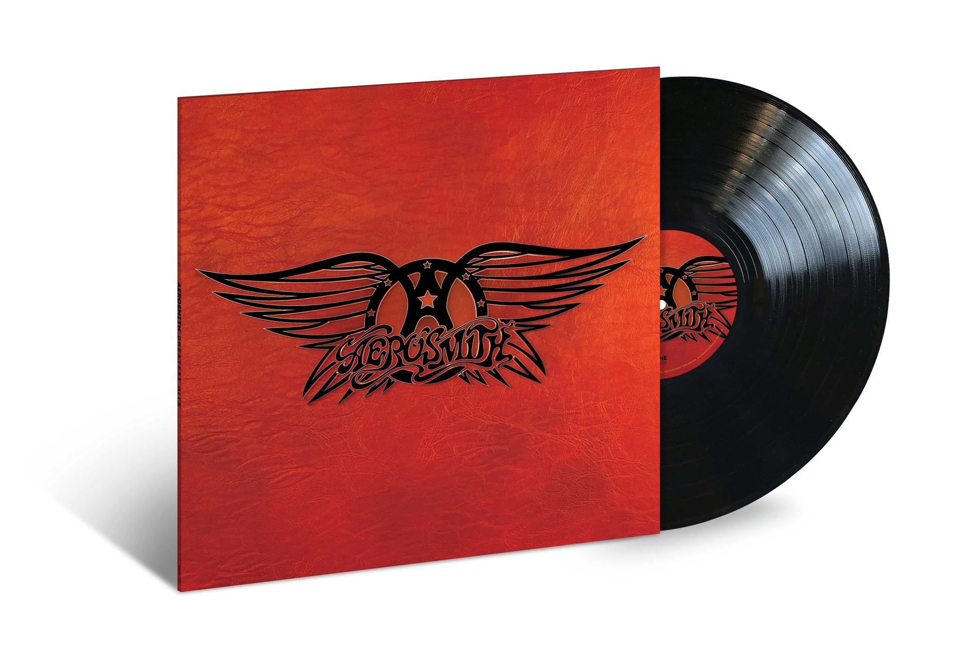 Aerosmith album borítója. Piros borító fekete logóval és fekete bakelit lemez fehér háttéren.