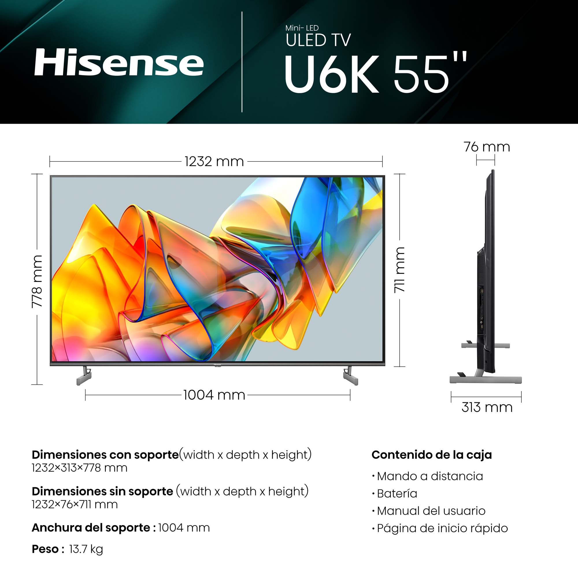 Las dimensiones y especificaciones del televisor Hisense U6K 55" se muestran con una vista lateral.