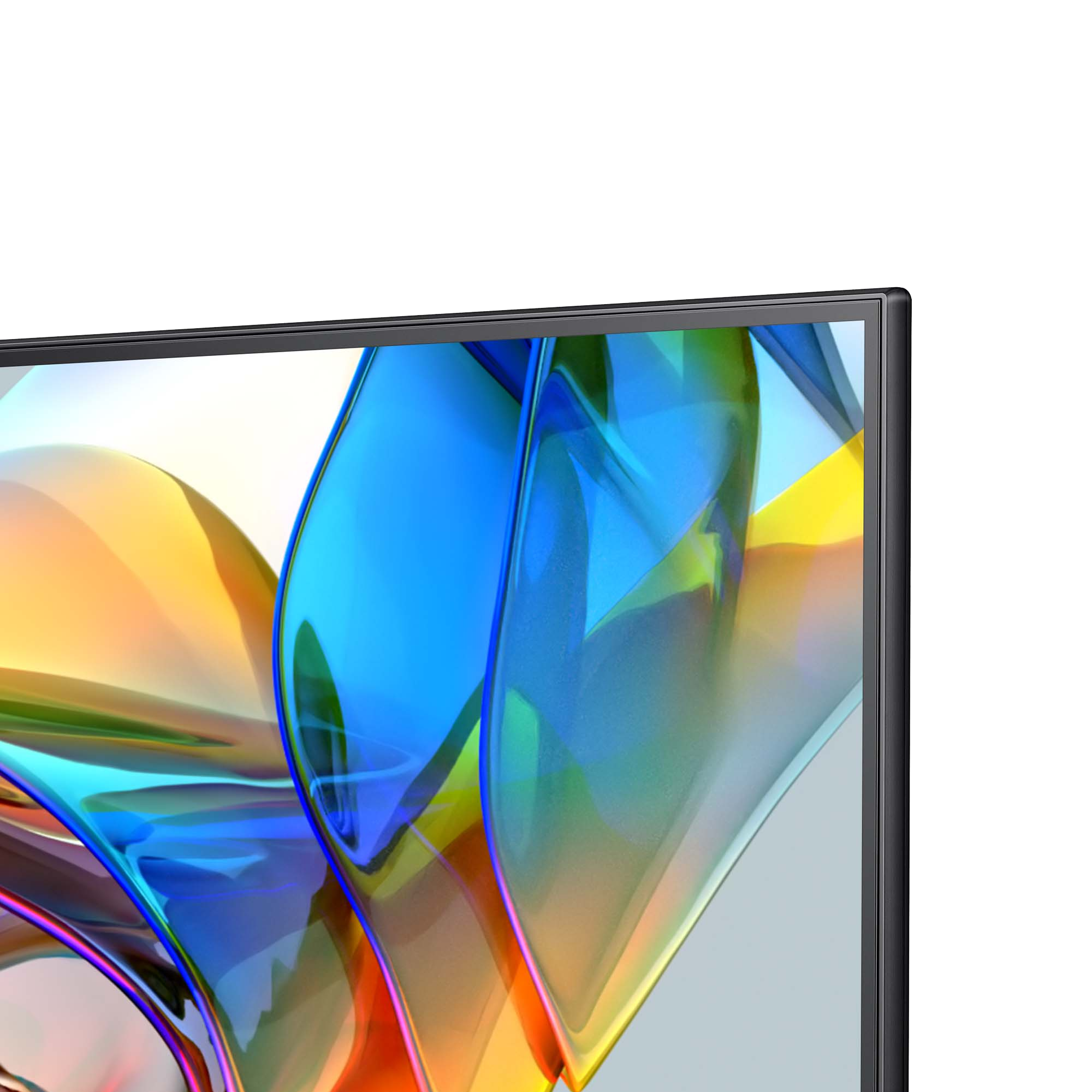 Primer plano de una pantalla de televisión moderna, que muestra una imagen abstracta colorida, con un marco negro.