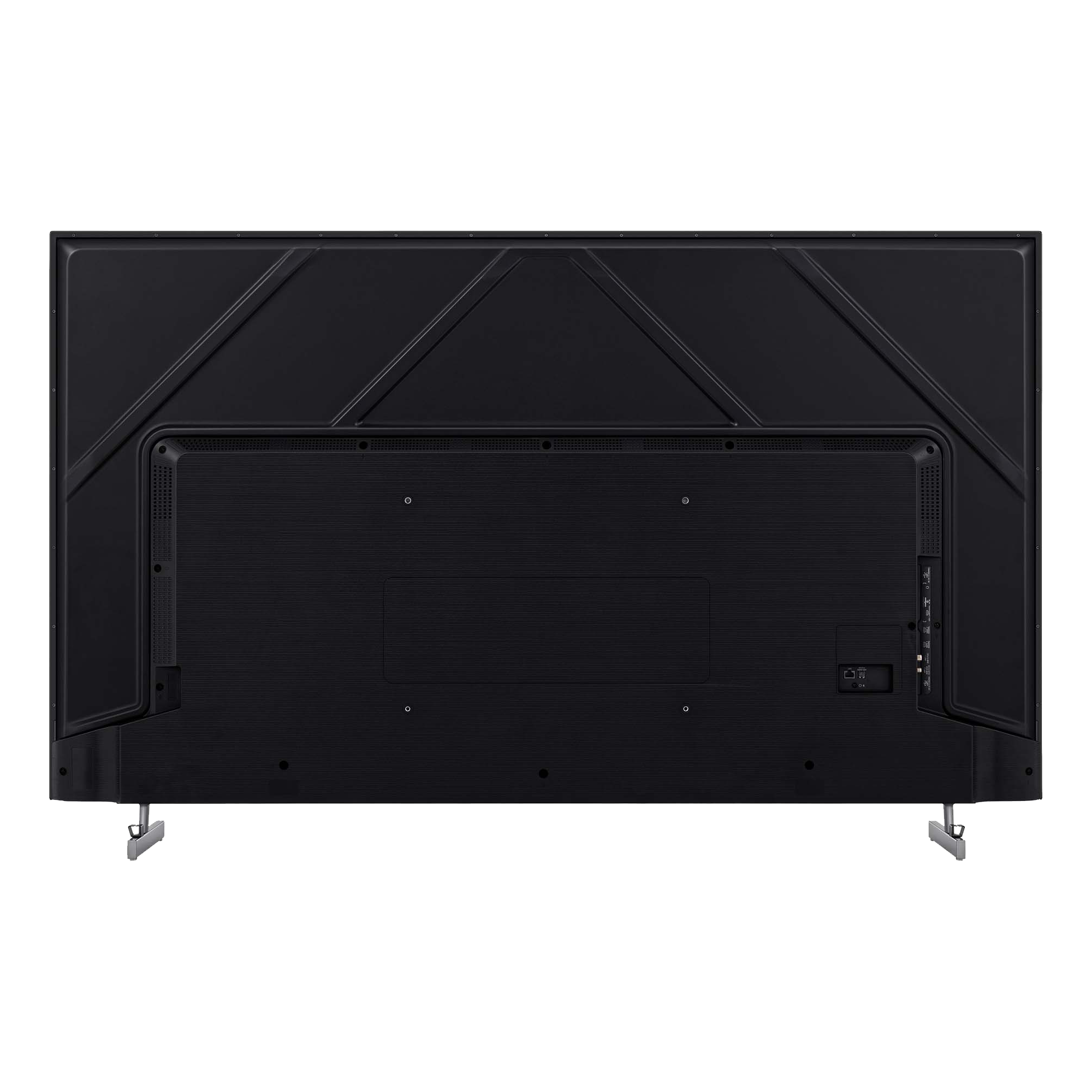 La parte trasera de un televisor grande y negro. Tiene un diseño geométrico, múltiples puertos y patas plateadas.