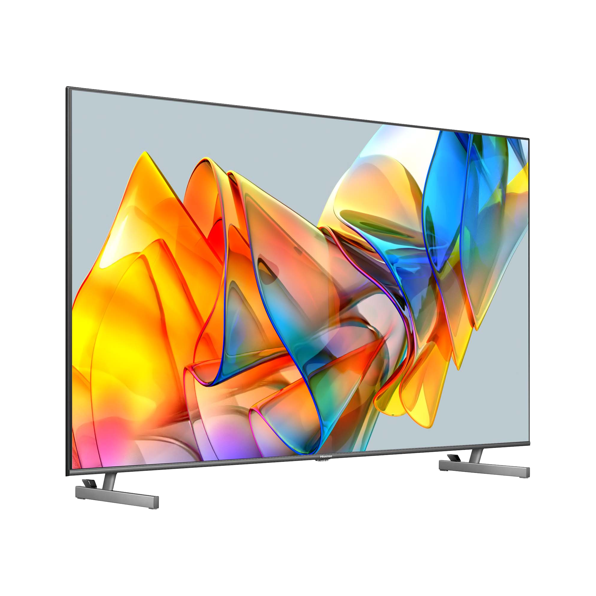 Un televisor grande y moderno con una pantalla abstracta colorida sobre un fondo gris claro.
