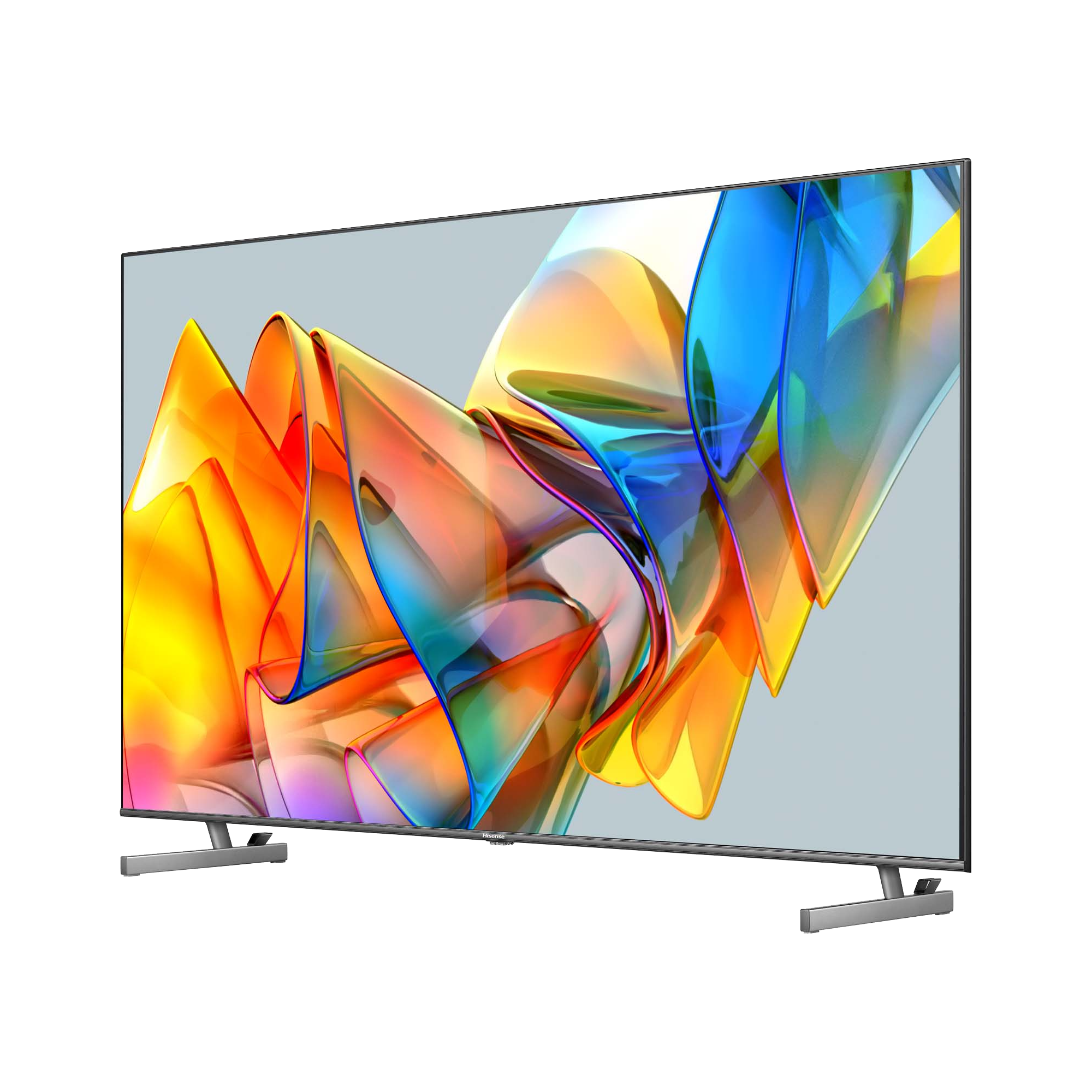 Un televisor grande que muestra formas abstractas coloridas con un fondo gris.