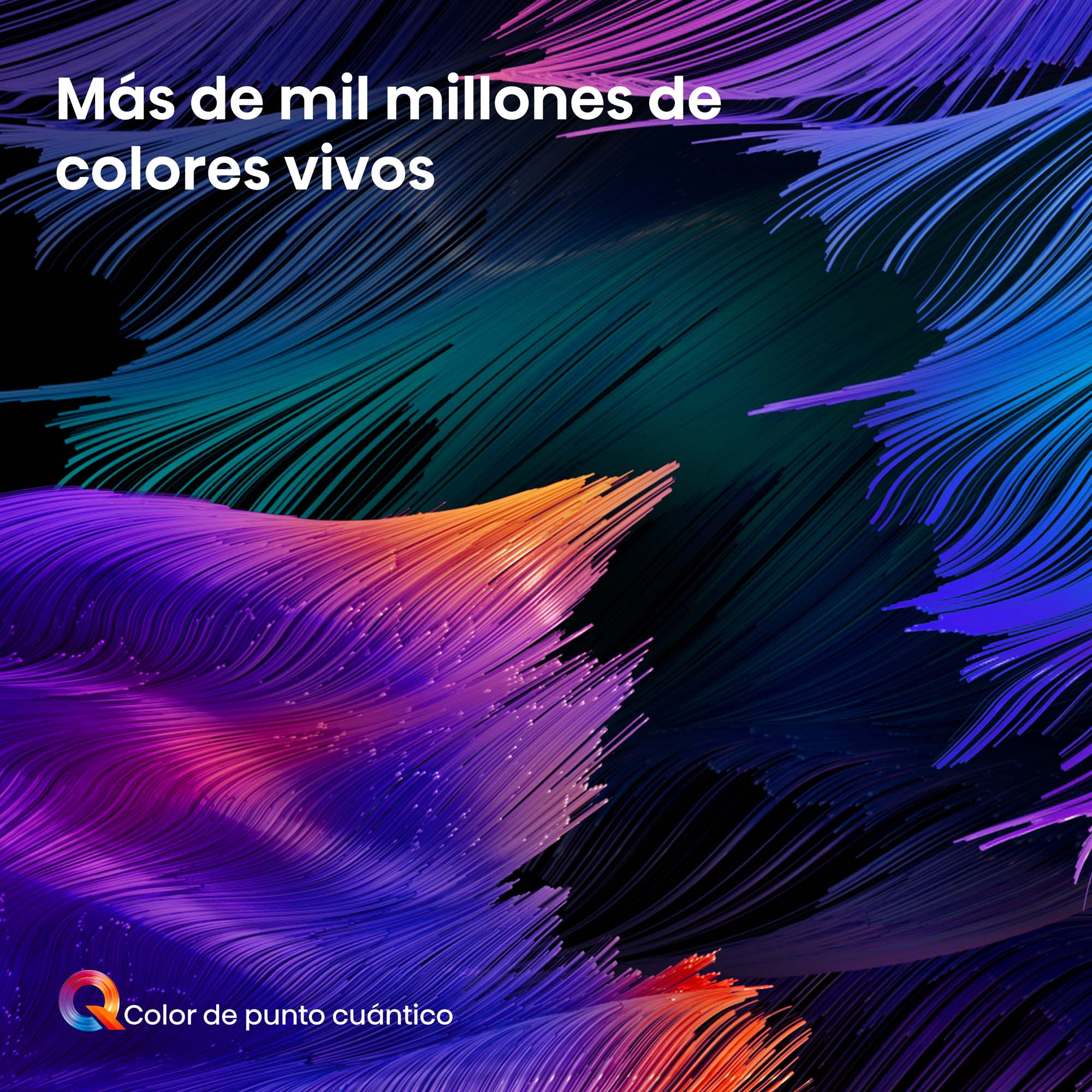 Imagen abstracta con líneas coloridas y texto: Más de mil millones de colores vivos. Color de punto cuántico.