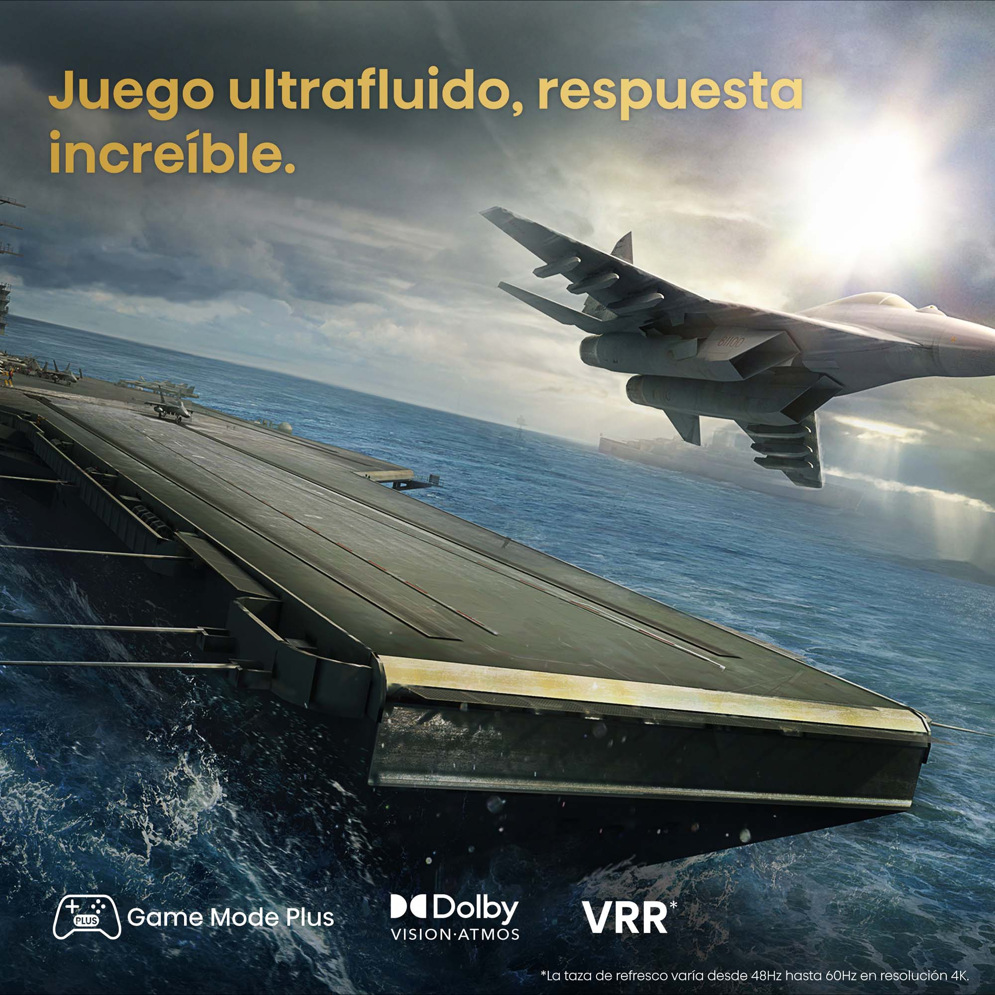 Un portaaviones en el mar, con aviones de combate despegando, cielo dramático.