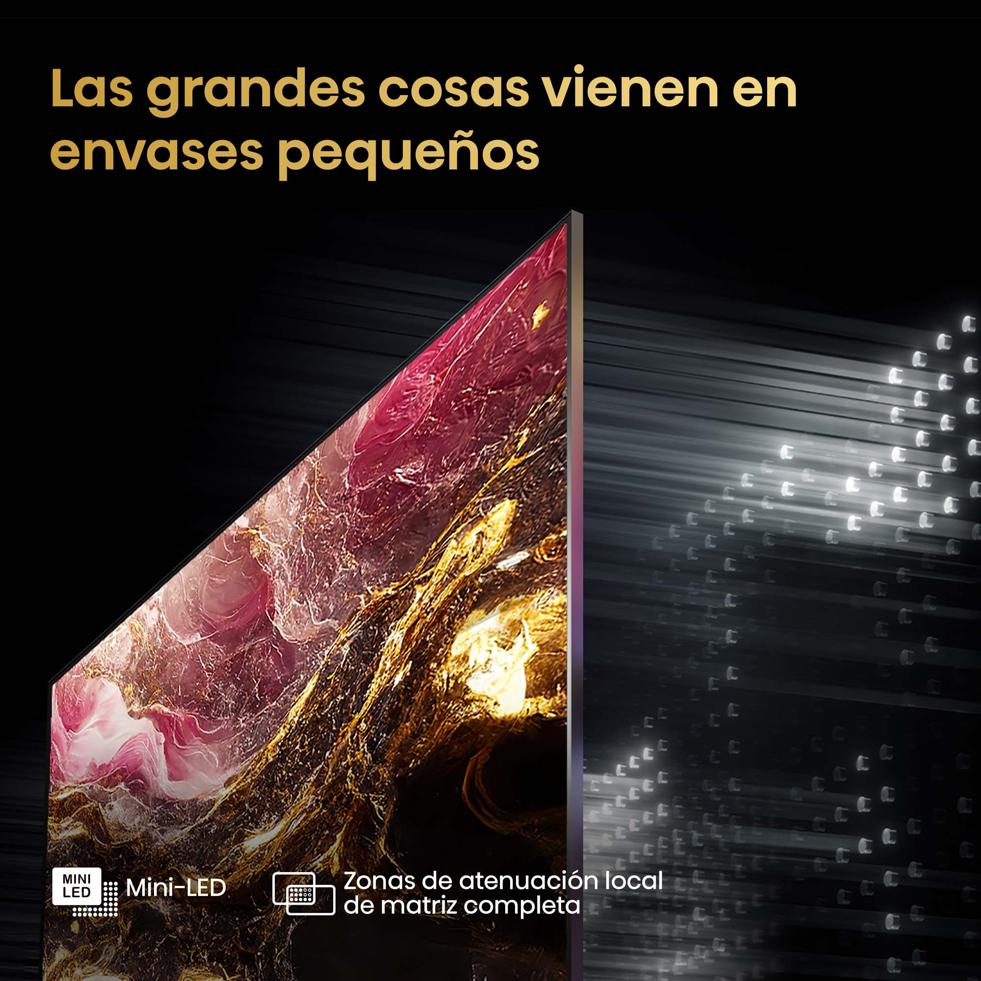 Una pantalla de TV con una imagen vibrante y colorida. Aparece la frase "Las grandes cosas vienen en envases pequeños".