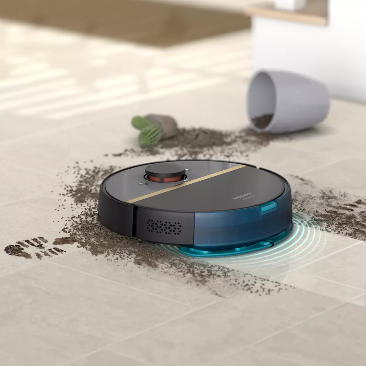 Aspirapolvere robot su pavimento piastrellato con sporco. Piccola pianta e vaso rovesciato. Luce blu intorno all'aspirapolvere.