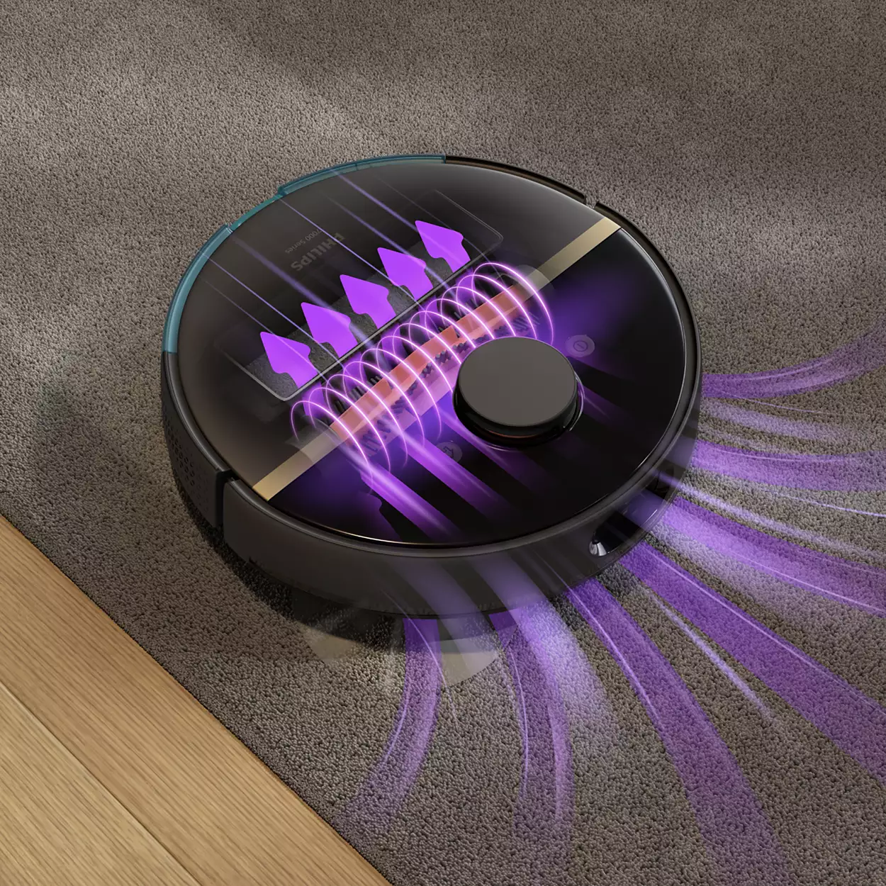 Un aspirapolvere robot nero su un tappeto. Mostra un diagramma dei suoi percorsi di pulizia e del flusso d'aria.