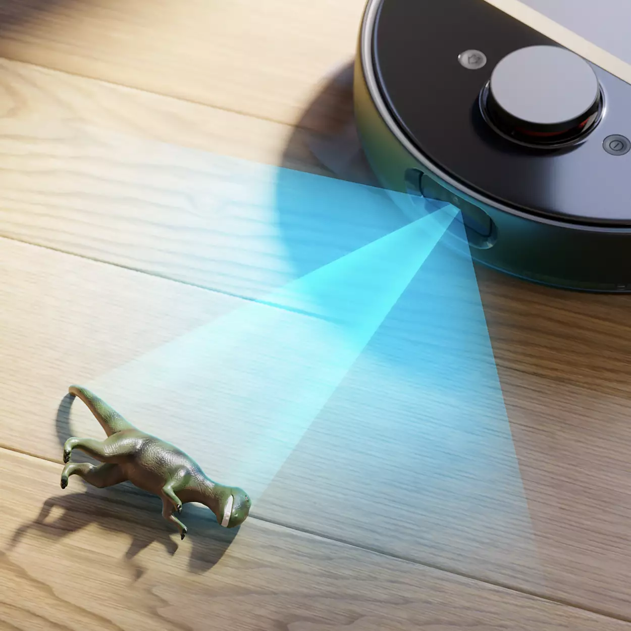 Aspirapolvere robot con fascio di luce blu che punta a un dinosauro giocattolo.