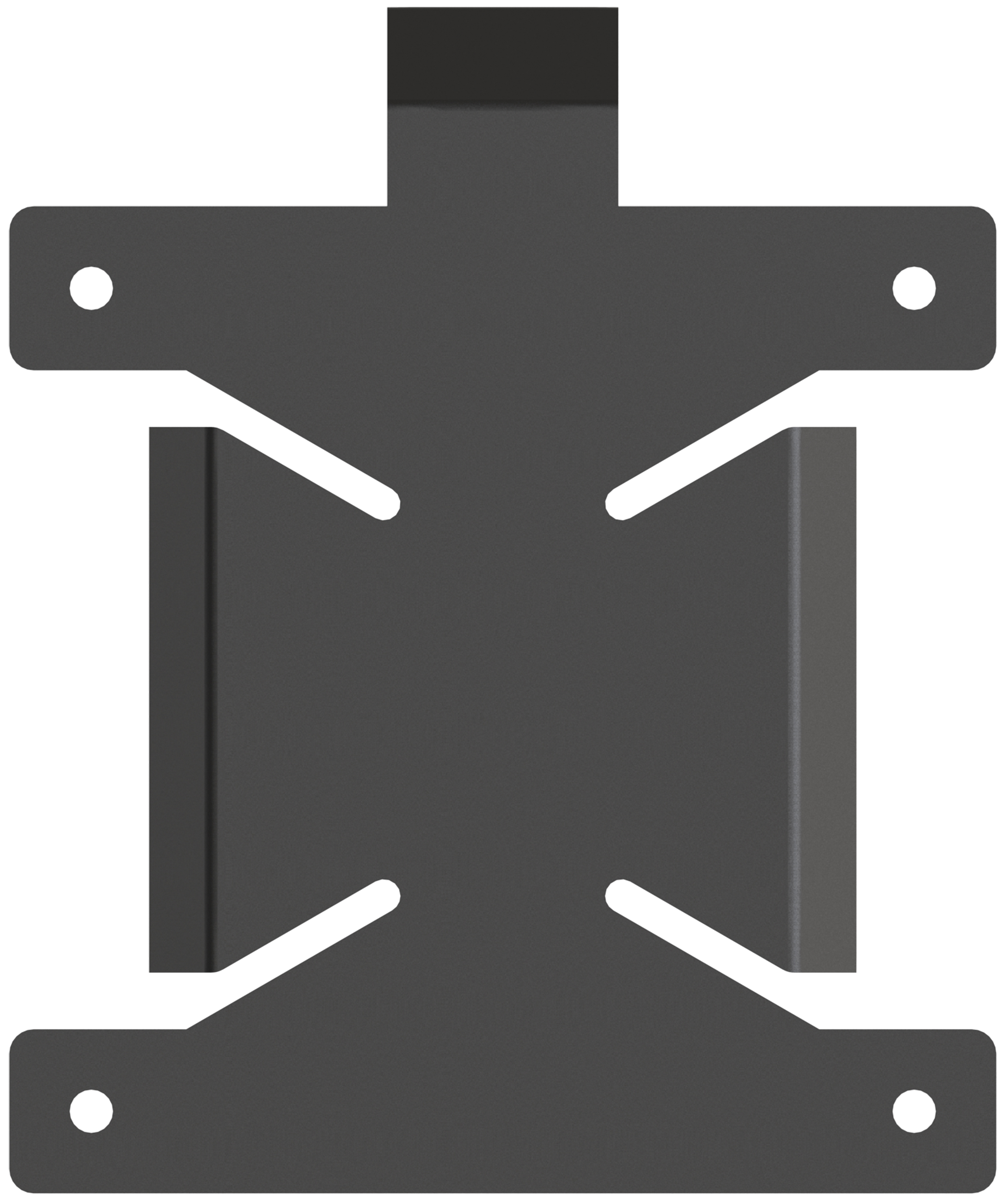 Schwarzer Metall-Montagebügel mit Schraubenlöchern, Ausschnitt-Design, auf schwarzem Grund.