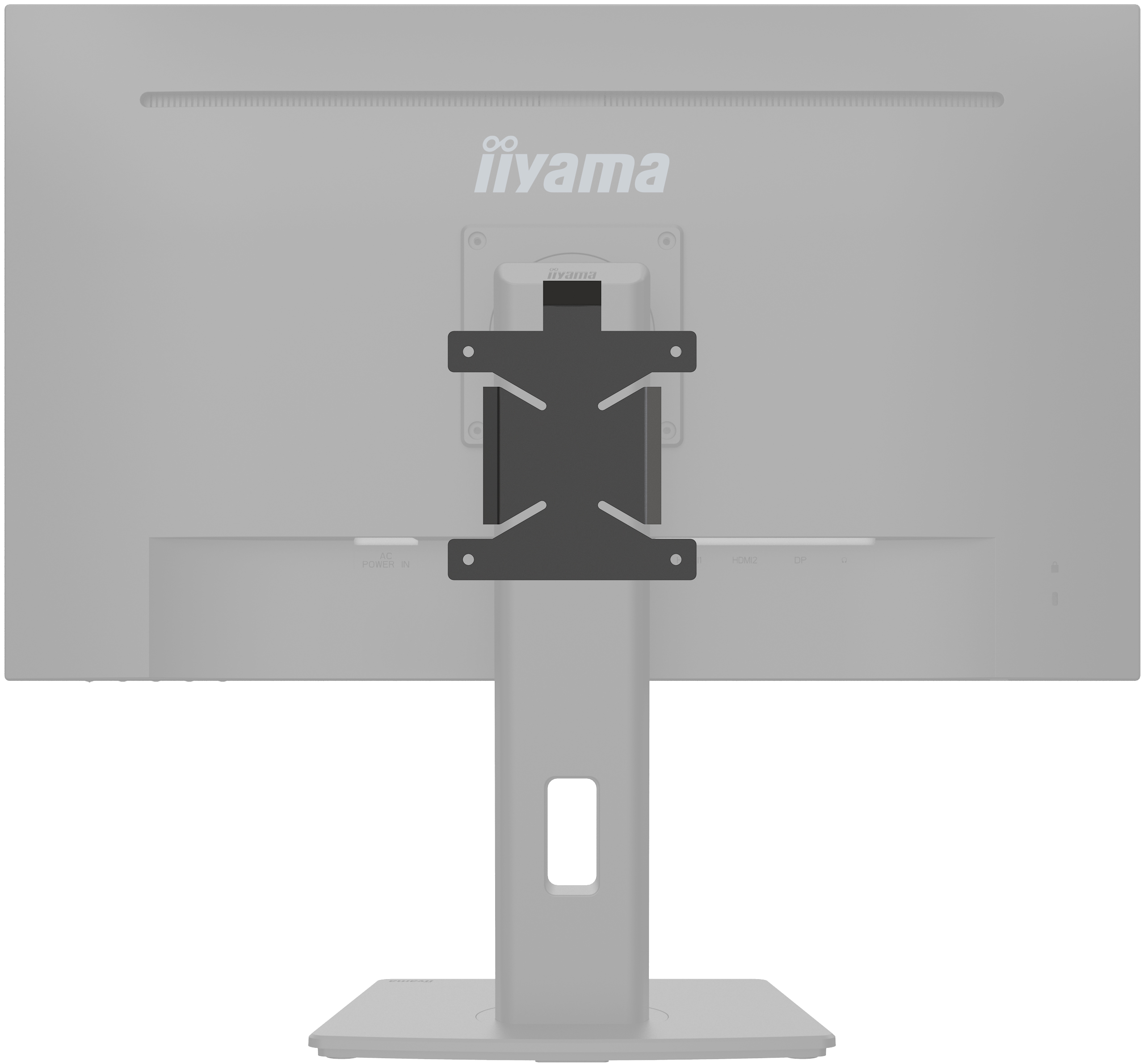 Rückseite eines Computermonitors. Graue Farbe. Schwarze Halterung. Weißer Hintergrund.