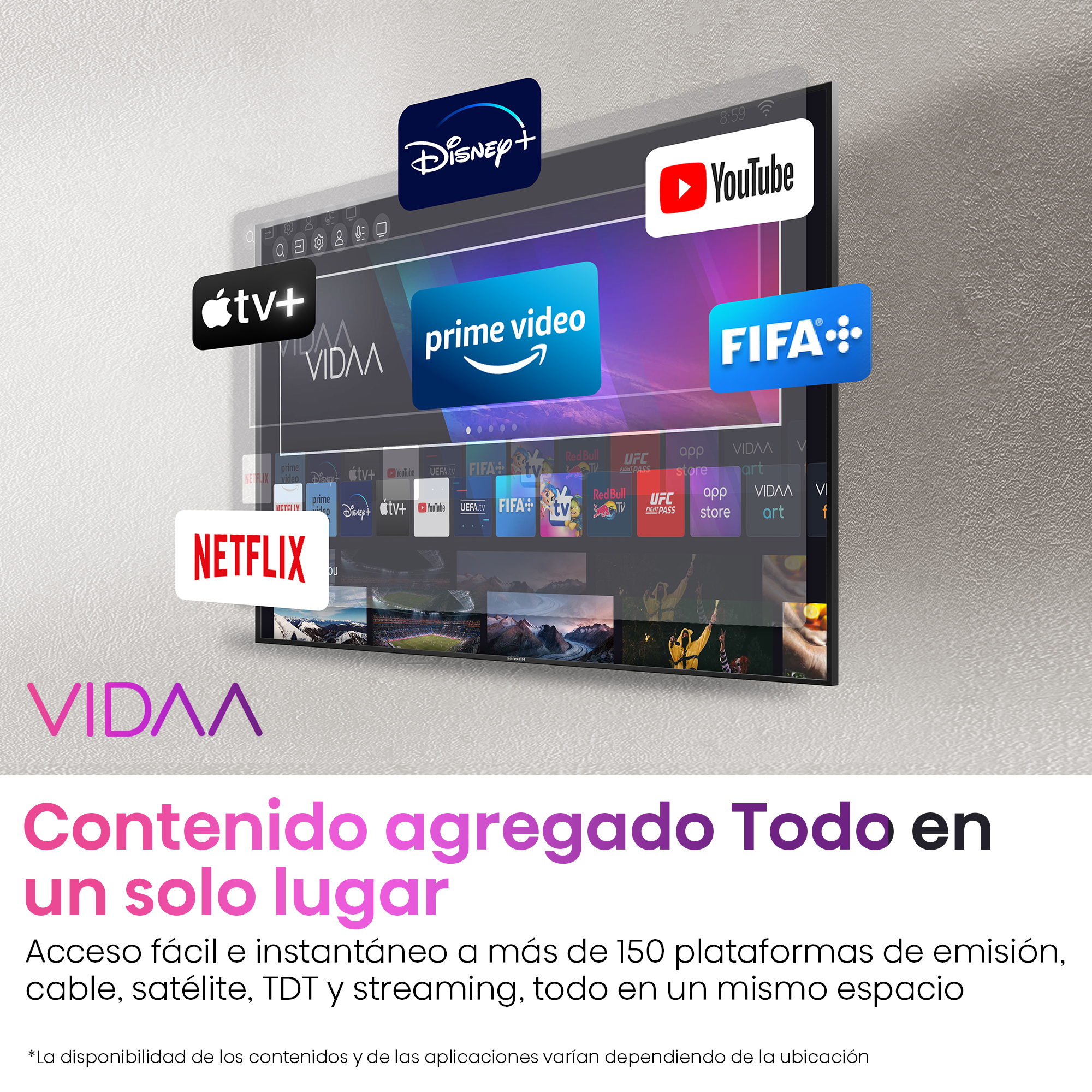 Una pantalla de TV con logotipos de servicios de transmisión: Netflix, Disney+, Youtube, Prime Video y FIFA.