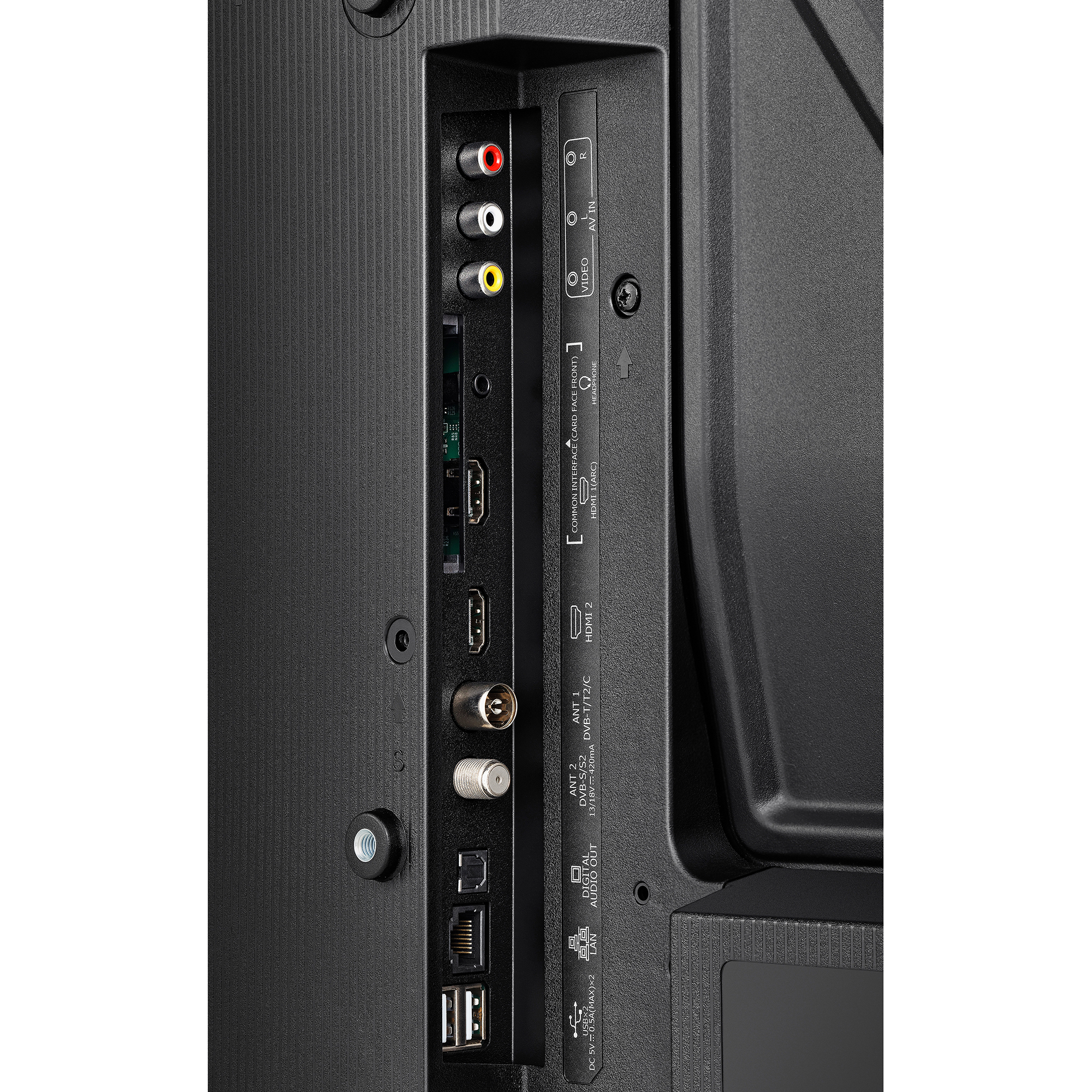 Primer plano de los puertos de TV. Incluye audio, HDMI, antena, USB y Ethernet. Panel de plástico negro.
