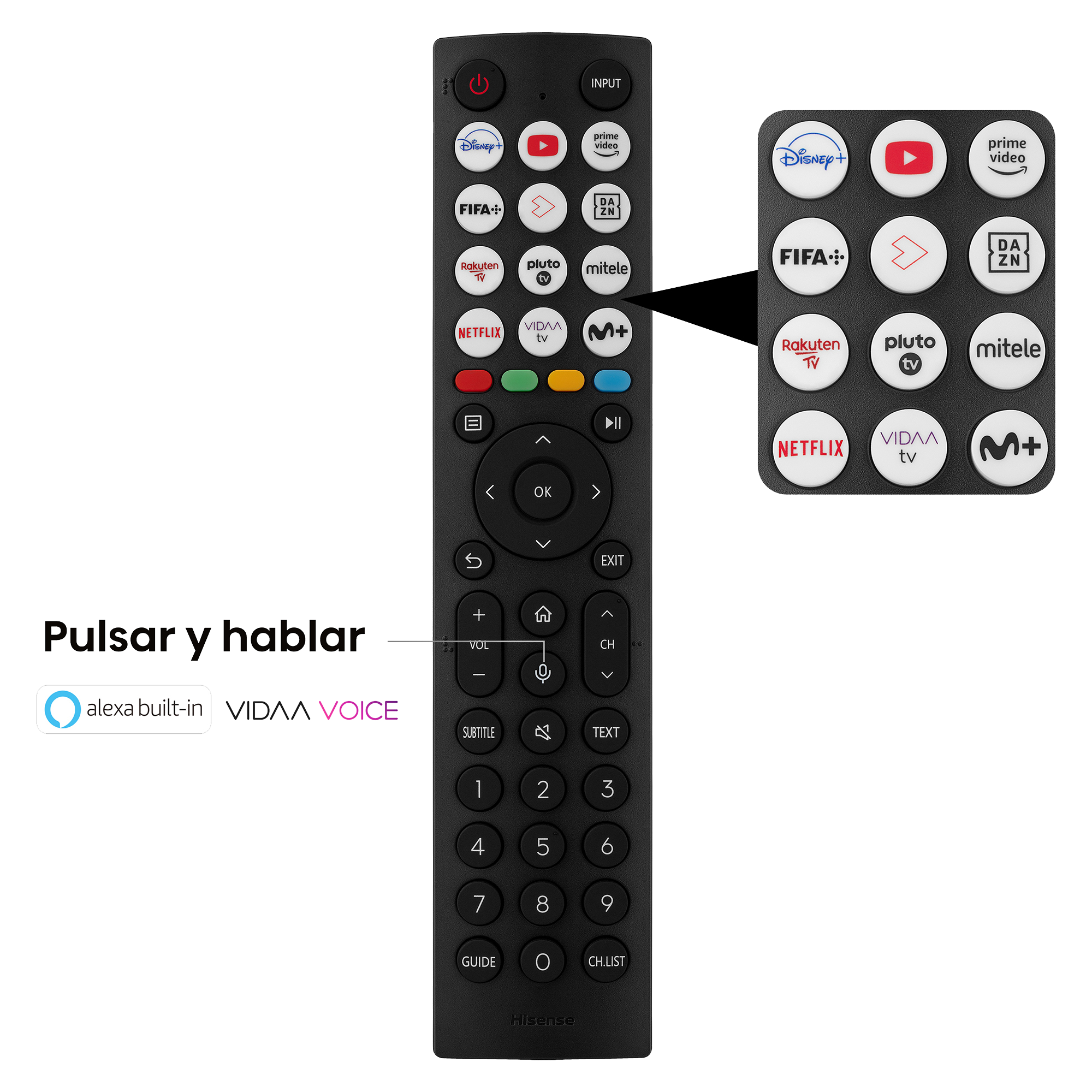 Mando a distancia Hisense negro. Botones para servicios de transmisión. Fondo: Superficie negra.