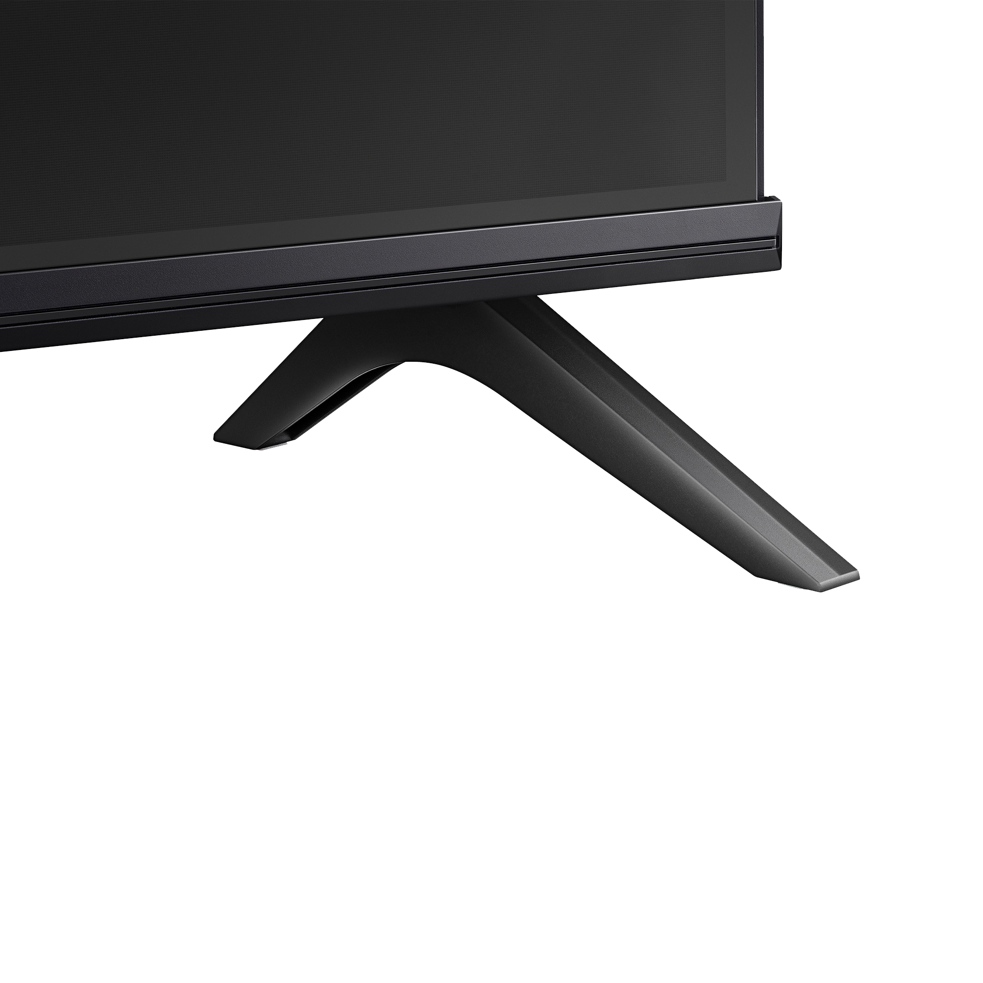 Primer plano de un televisor negro con soporte. El soporte es angulado, estable y moderno.