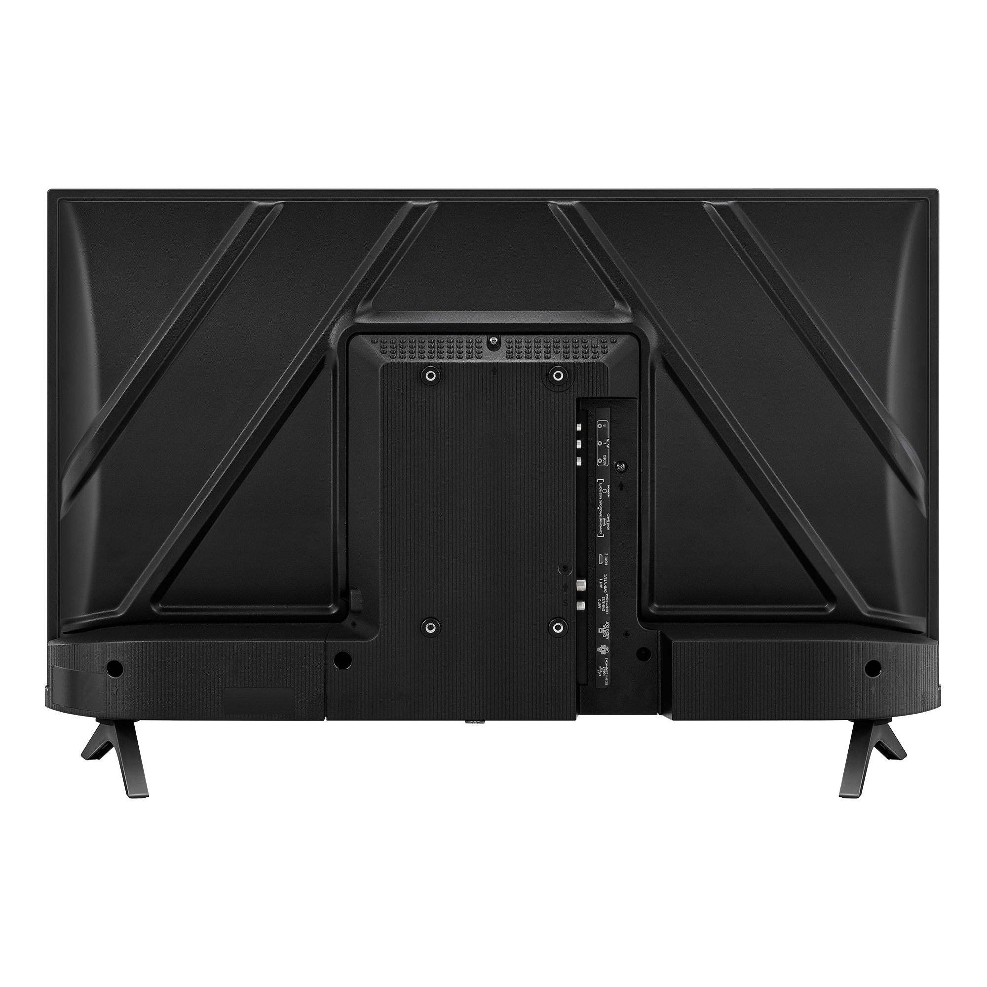 Parte trasera de un televisor negro. Cuenta con un panel texturizado, conectores y un soporte.