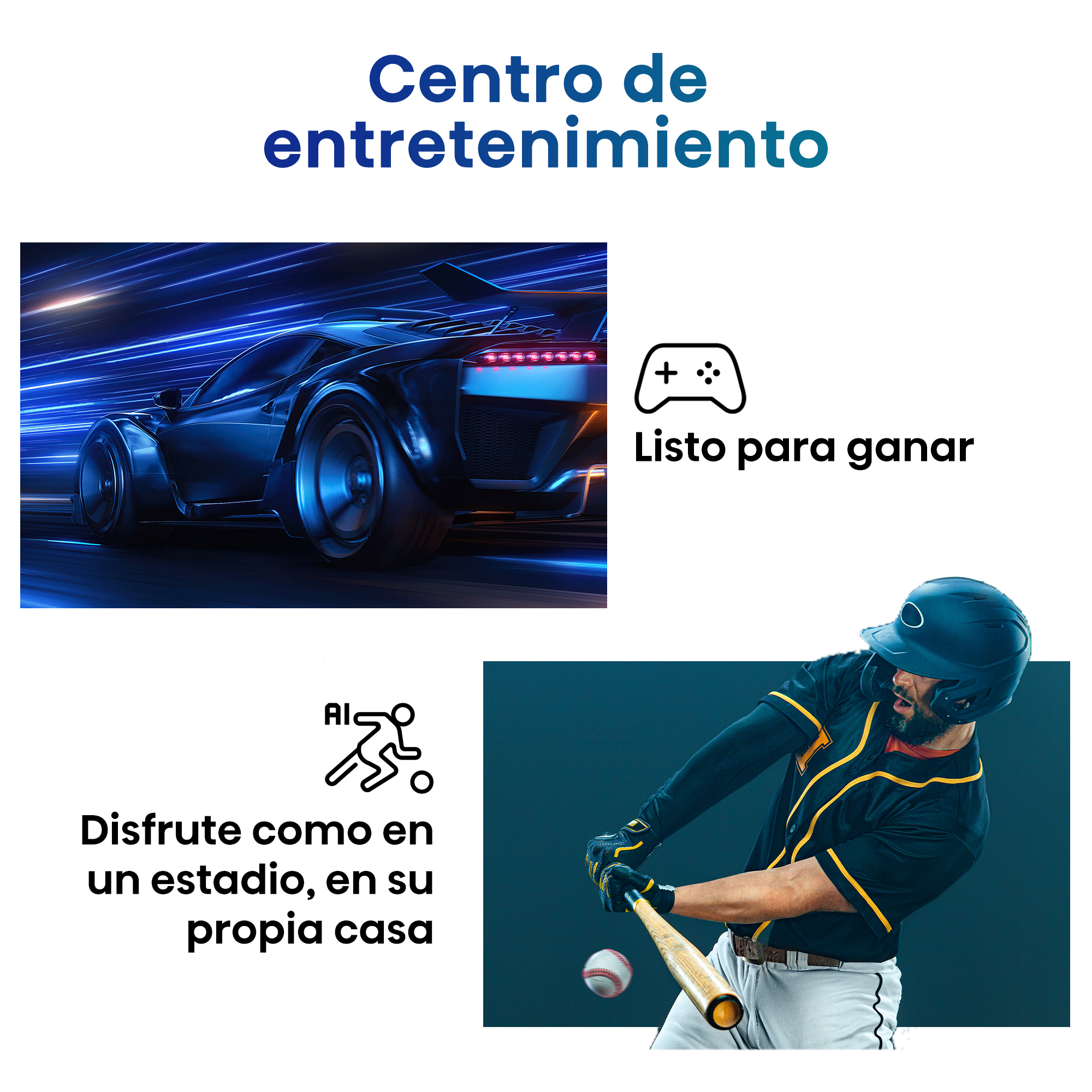Una imagen con texto y gráficos sobre entretenimiento, incluyendo un coche y un jugador de béisbol.