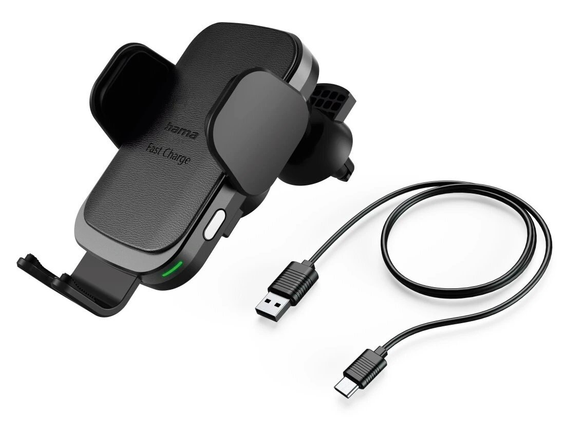 Czarny uchwyt samochodowy do telefonu z kablem do ładowania. Zawiera USB i USB-C. Marka Hama na uchwycie.