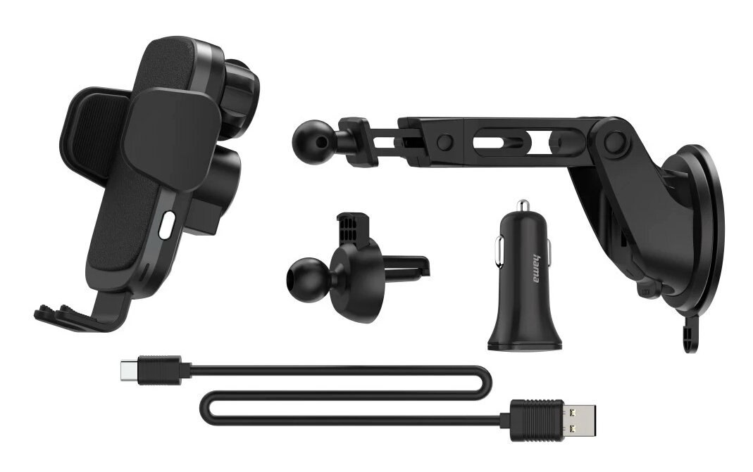 Czarne uchwyty do telefonu samochodowego i ładowarka. Zawiera kabel USB-C i adapter ładowarki samochodowej.