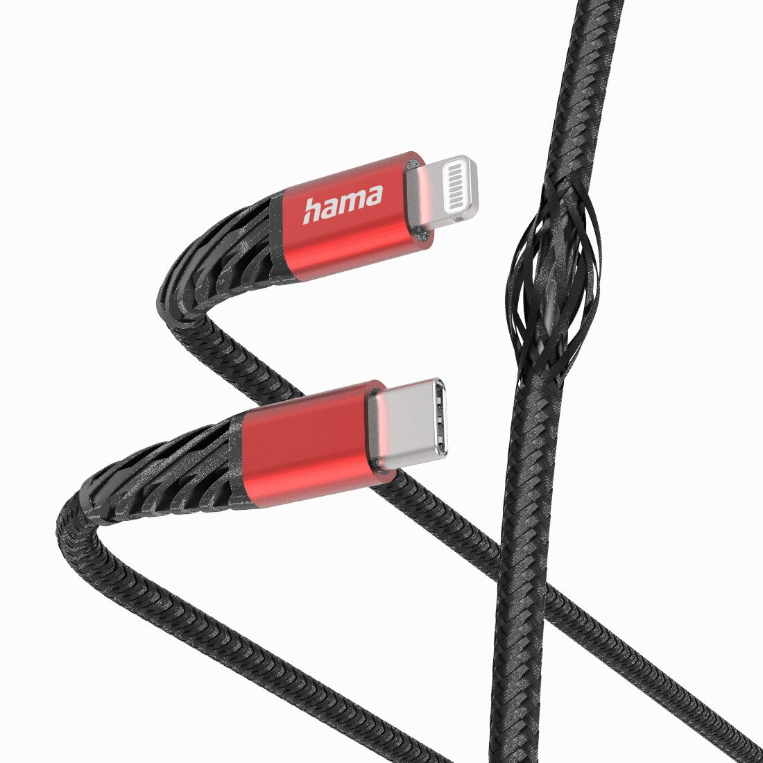 Czarny i czerwony kabel Hama USB-C do Lightning, z plecionym designem.