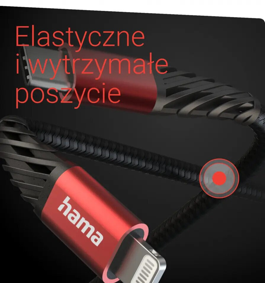 Zbliżenie czerwono-czarnego kabla ładującego, pokazujące logo Hama.