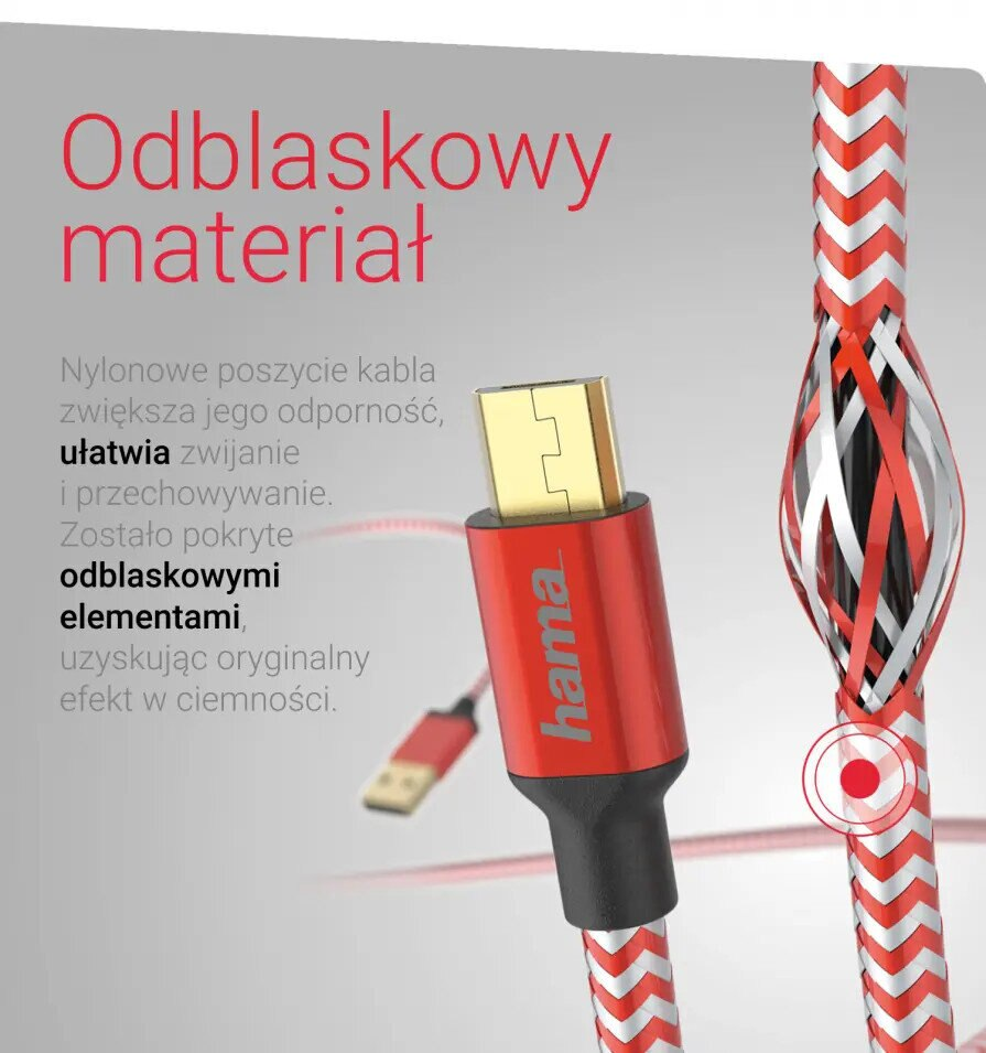 Czerwono-biały kabel w paski ze złączami USB i micro USB, zbliżenie pokazujące materiał odblaskowy.