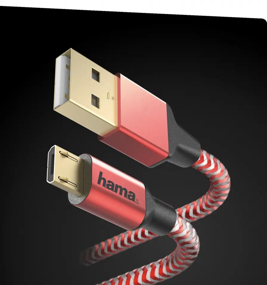 Kabel USB i micro USB z czerwono-białym wzorem w paski, zbliżenie na czarnym tle.
