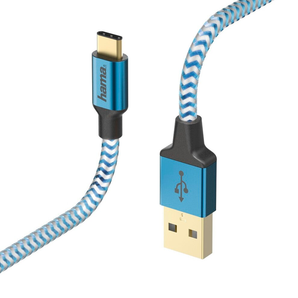 Niebiesko-biały kabel USB-C. Jeden koniec USB-C, drugi standardowy USB.