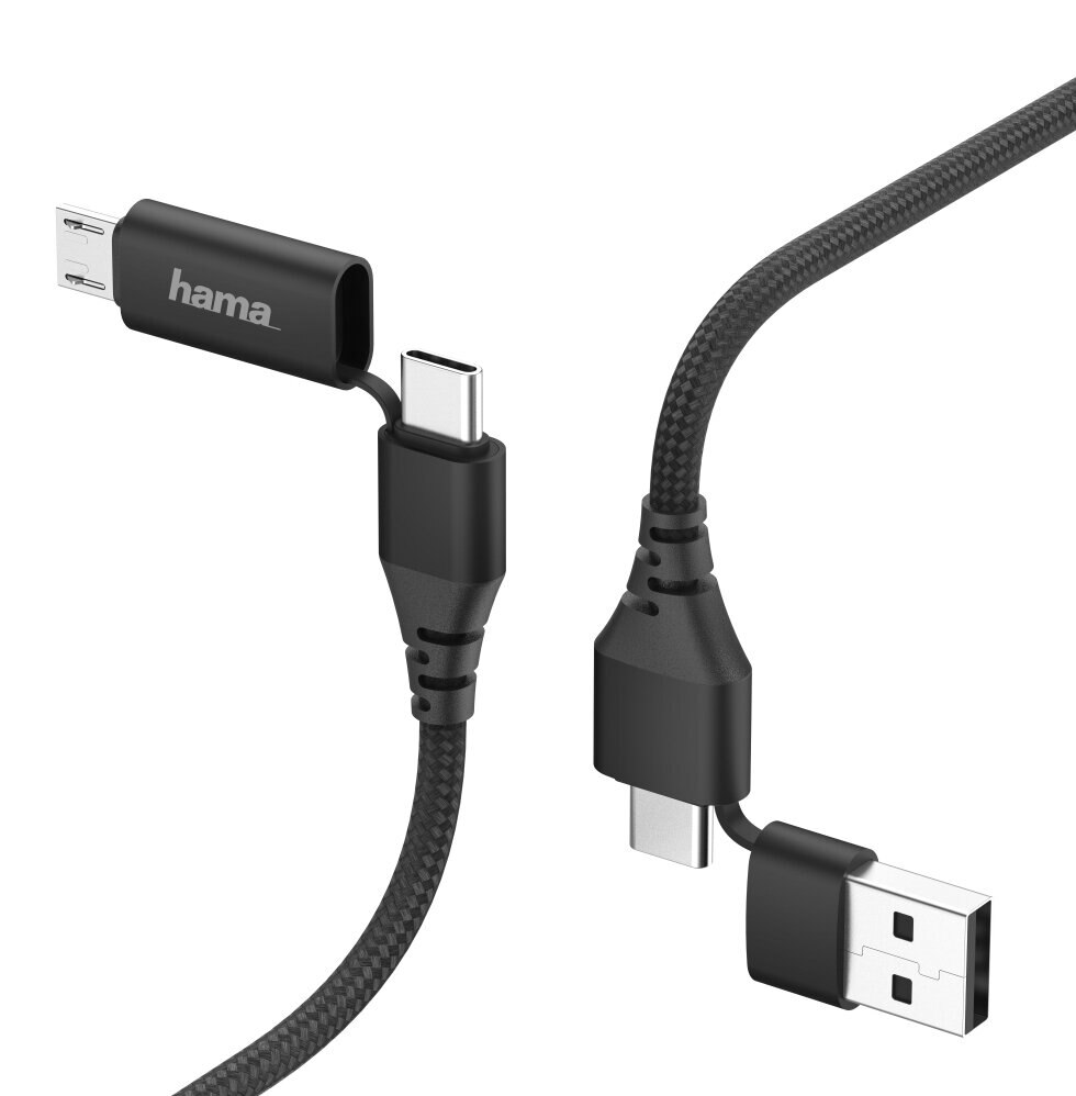 Czarny kabel USB Hama. Jedna strona to USB-C, druga ma złącza USB-C i USB-A.