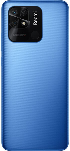 Niebieski tył telefonu Redmi z aparatami. Posiada konfigurację z trzema aparatami.