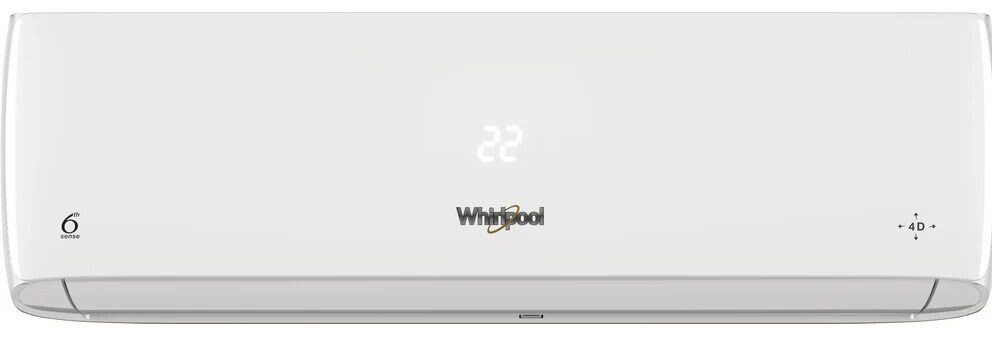 Biały klimatyzator z cyfrowym wyświetlaczem pokazującym 22. Marka to Whirlpool.