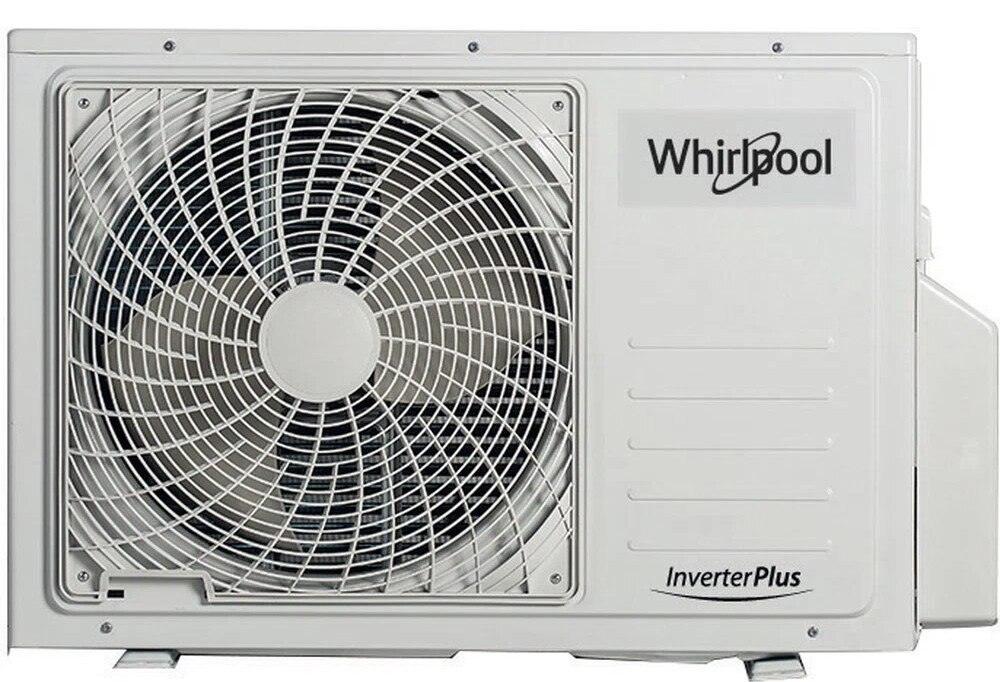 Biały klimatyzator Whirlpool z wentylatorem. Urządzenie ma logo InverterPlus.