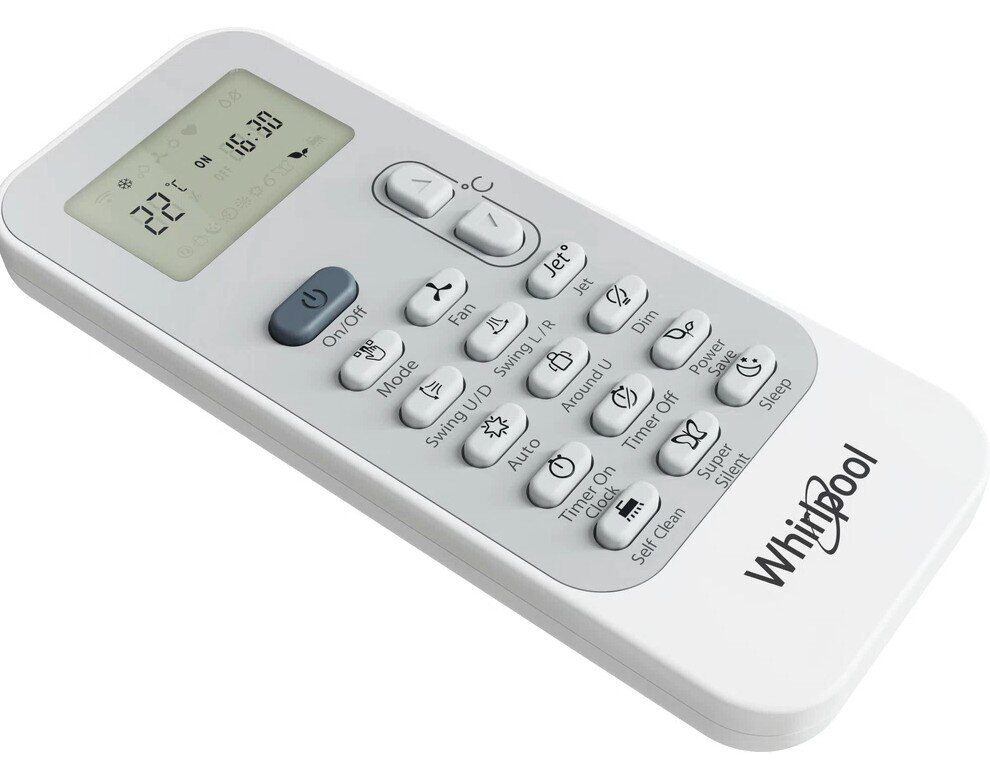 Biały pilot z wieloma przyciskami i ekranem wyświetlającym cyfry i symbole.