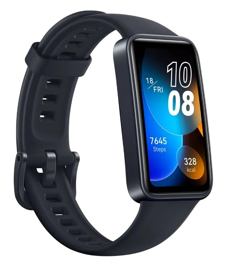 Czarny smartwatch z ciemnym paskiem. Ekran wyświetla datę, godzinę, kroki i kalorie na białym tle.