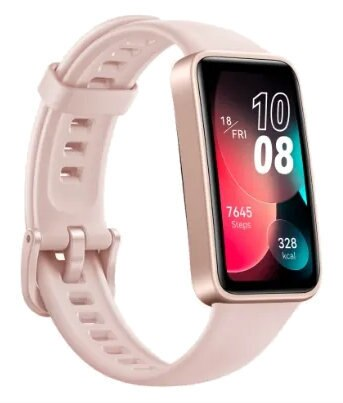 Różowy smartwatch z jasnoróżowym paskiem, wyświetlający godzinę, kroki i kalorie.