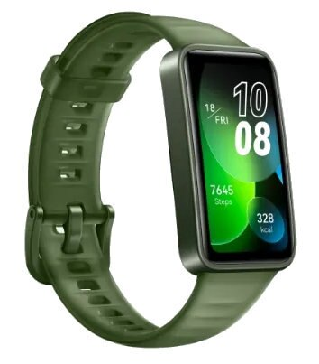 Zielony smartwatch z czarnym ekranem wyświetlającym kroki, czas i kalorie. Zielony pasek.