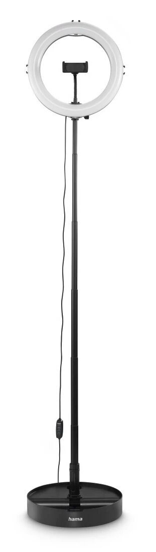 Czarne światło pierścieniowe na statywie. Ma uchwyt na telefon i czarną podstawę.