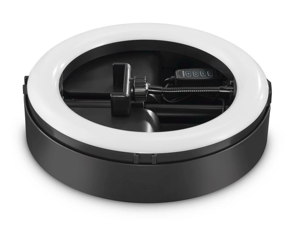 Lampa pierścieniowa z uchwytem na telefon, czarno-biała, na białym tle.